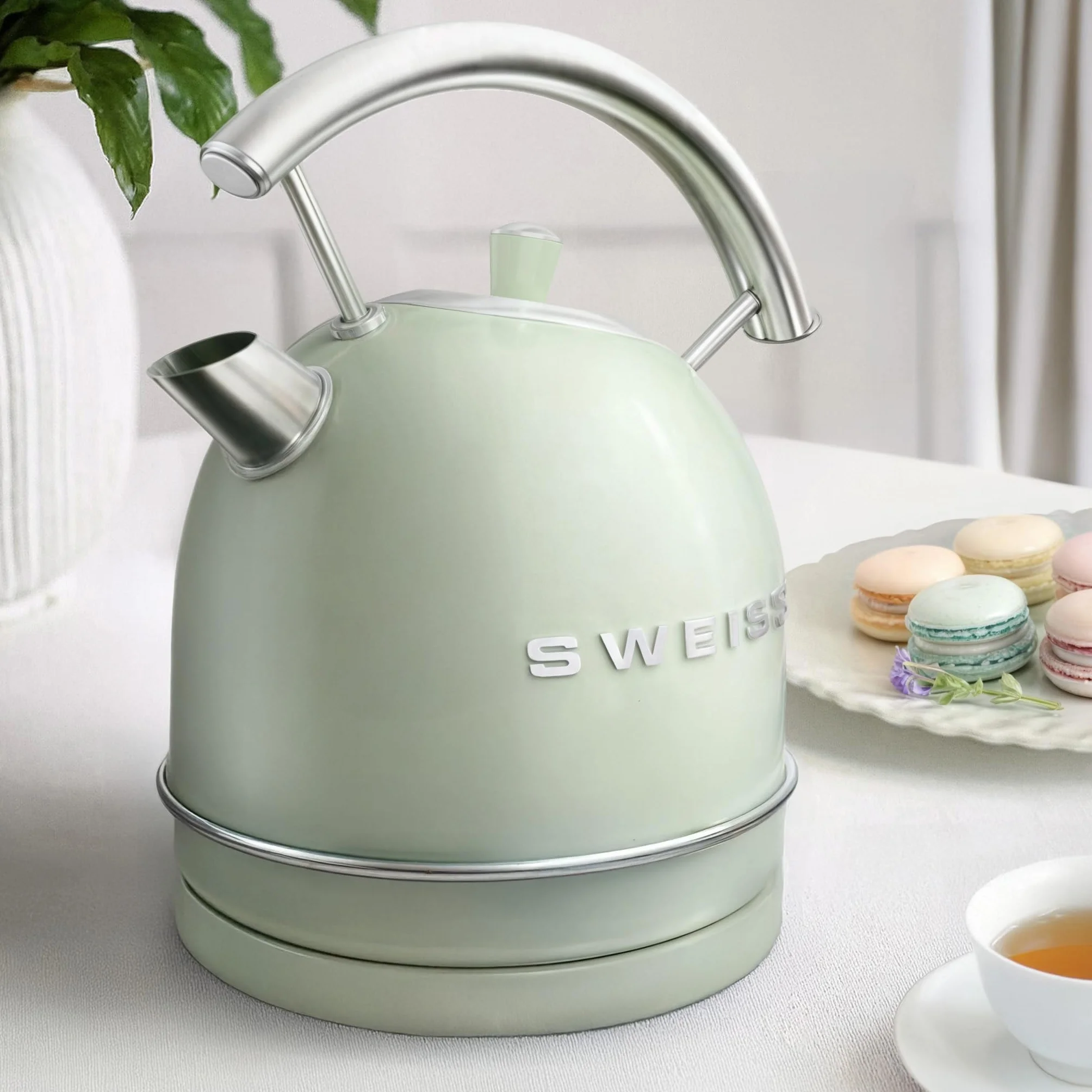 SWEISS Bouilloire électrique vintage KTL7 1,8L, Inox compacte pratique 2200W, Ébullition rapide, Niveau d'eau visible et gradué, Arrêt automatique, Socle 360°, Vert