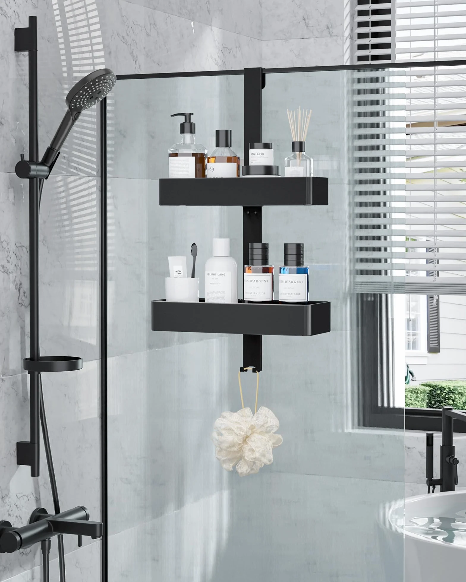 Kitsure Étagère Douche Suspendue 2 Niveaux sans Perçage Antirouille Rangement Salle de Bain Noir 29,1 x 11,2 x 55,3 cm