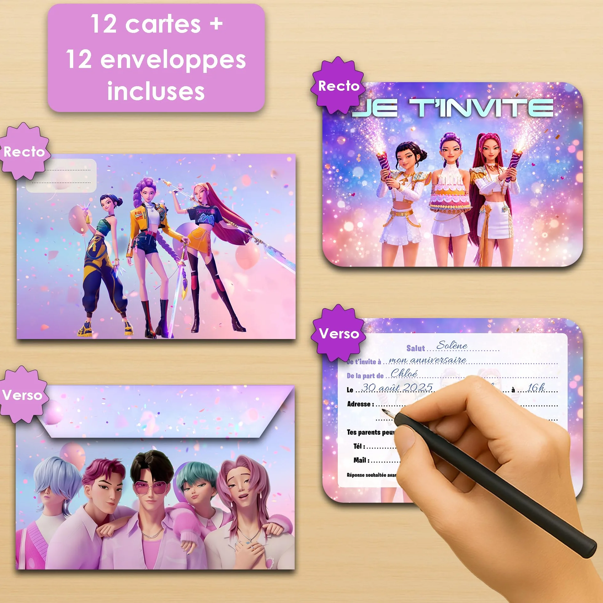 Fun4kid 12x Cartes Invitation Anniversaire Filles Danse avec Enveloppes Assorties
