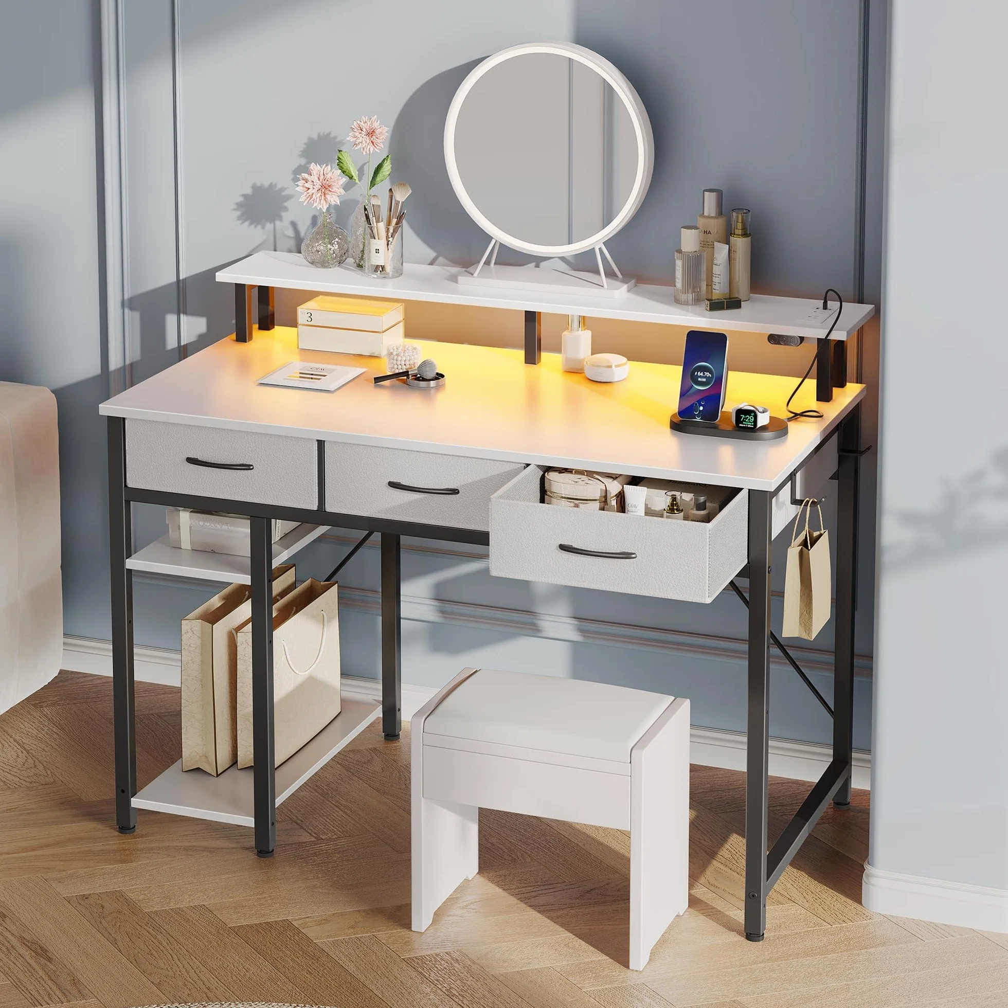 Rolanstar Bureau avec Rangement 100 cm - Table Ado 3 Tiroirs LED RGB Prises de Courant, Blanc
