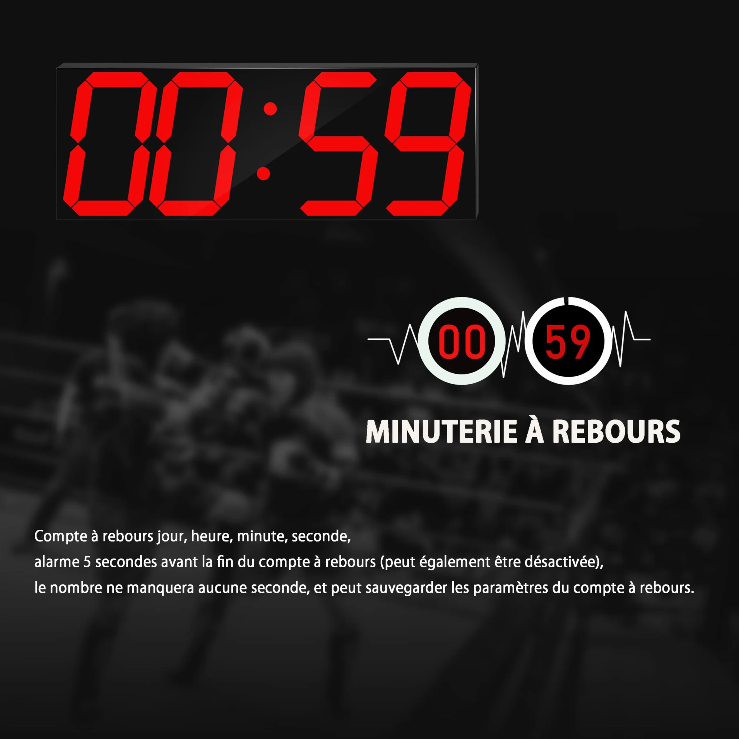 CHKOSDA Grande horloge murale LED numérique 18 pouces compte à rebours 8 niveaux luminosité réglables affichage 12/24 heures indicateur température calendrier rouge