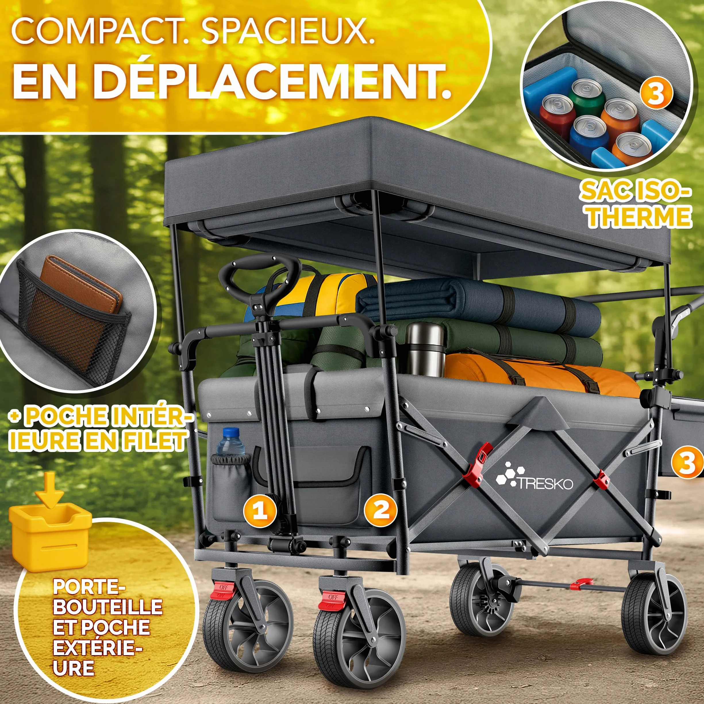 TRESKO Chariot de transport pliable 150 kg avec compartiment isotherme et stores latéraux