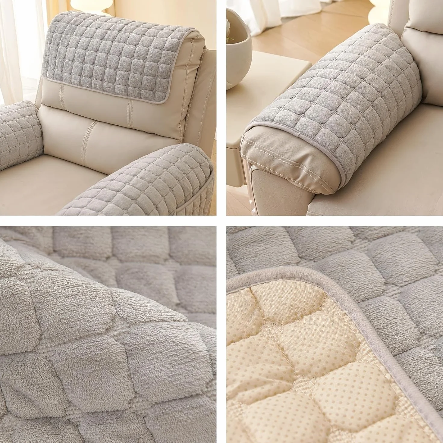 Lot de 3 Protège-Bras et Tête de Fauteuil Rembourré en Peluche Flanelle Anti-dérapant pour Canapé en Cuir et Fauteuil Relax (Beige)