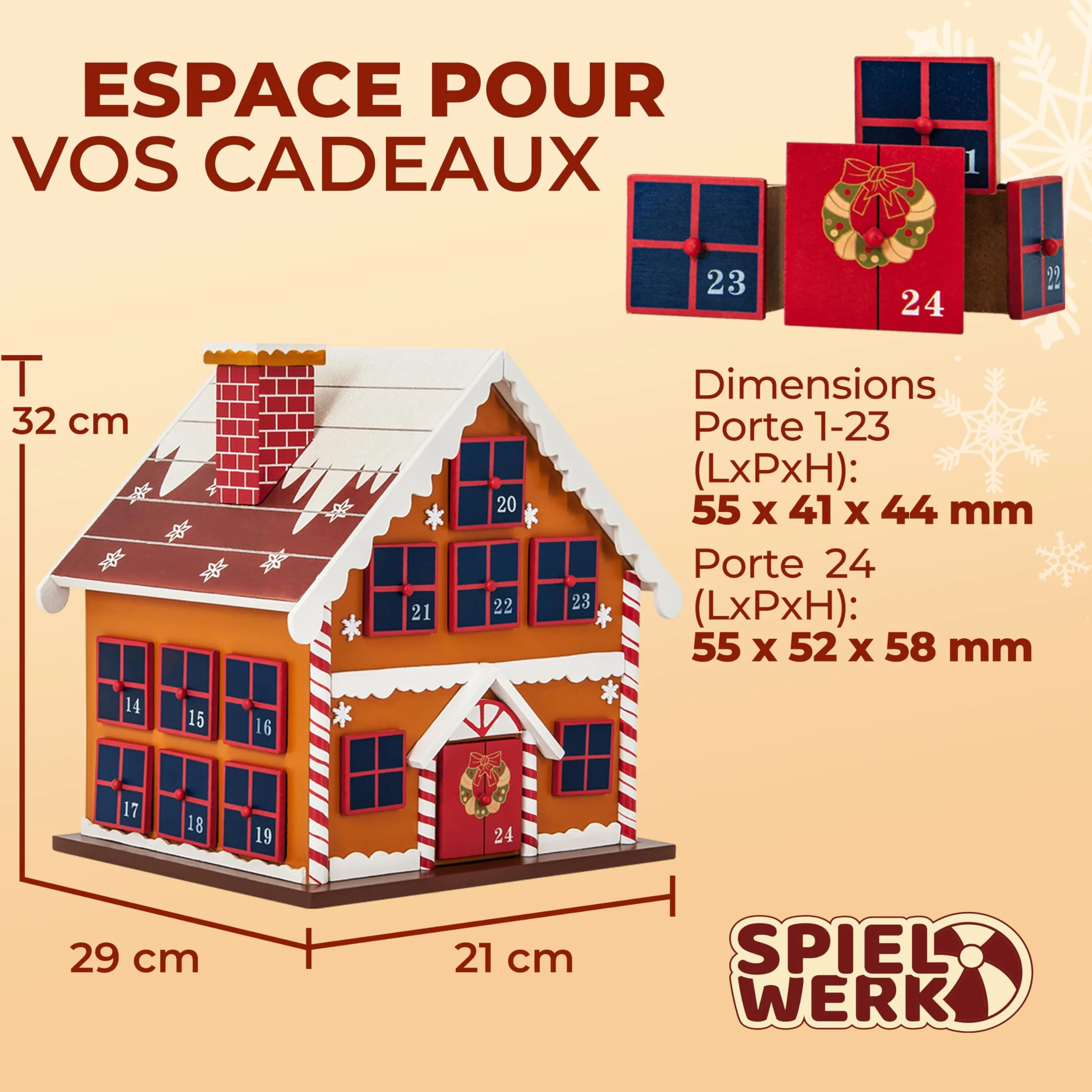 Spielwerk Calendrier de l'Avent en Bois Réutilisable 24 Tiroirs Maison en Pain d'épices