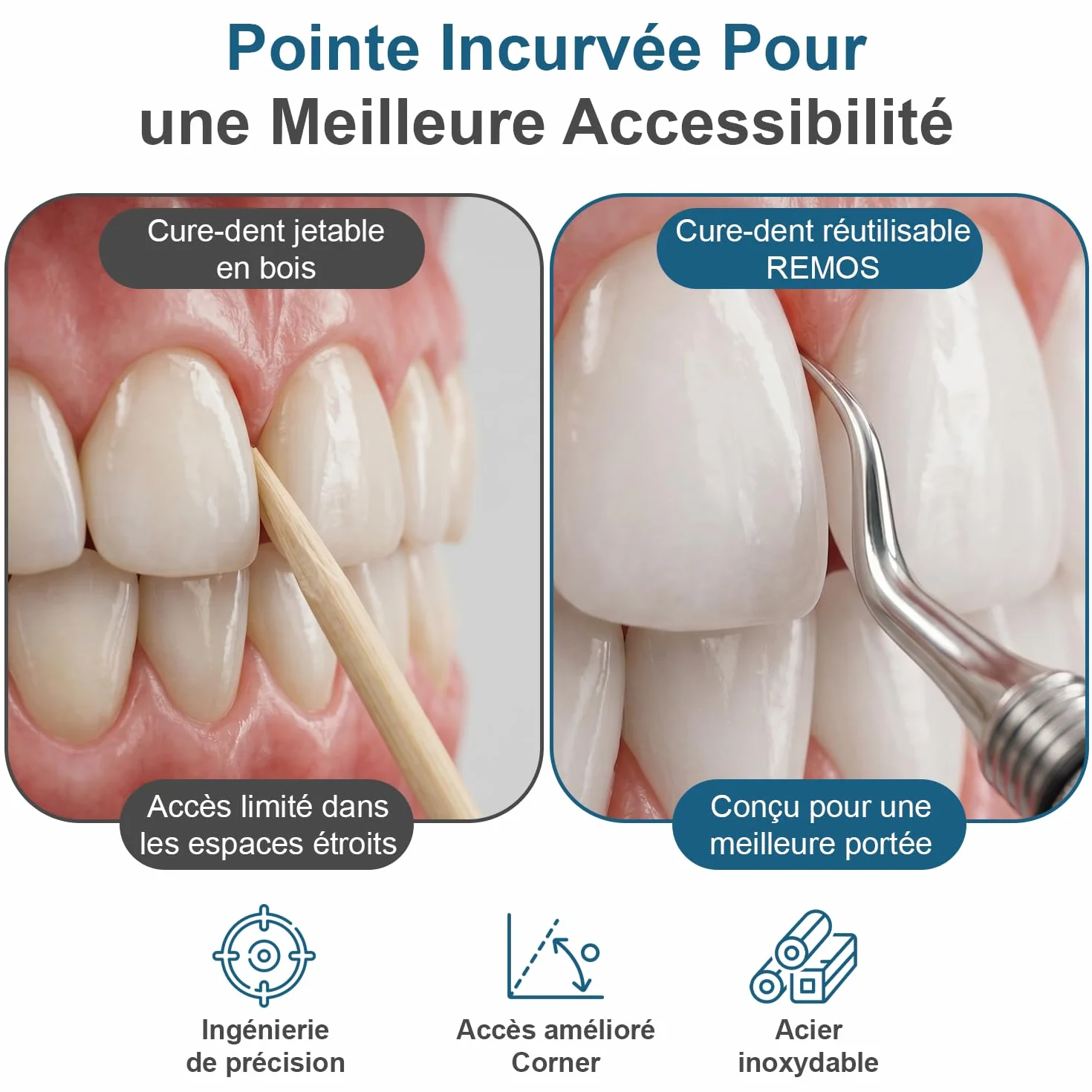 Cure-dents acier inoxydable pointe courbée dévissable REMOS