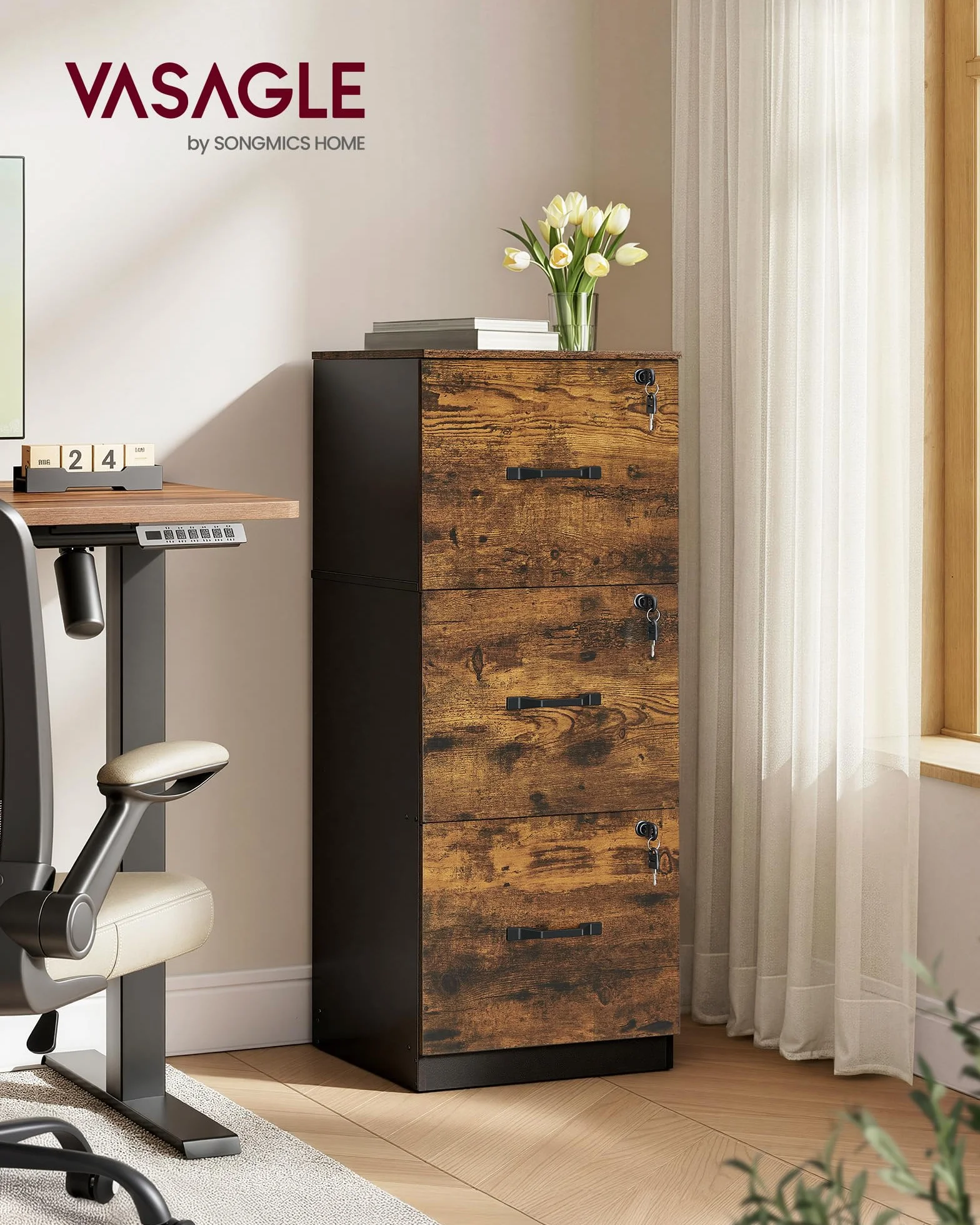 VASAGLE Meuble de Bureau avec 3 Tiroirs Verrouillables, Tringles Réglables, Compatible A4, Marron Rustique et Noir