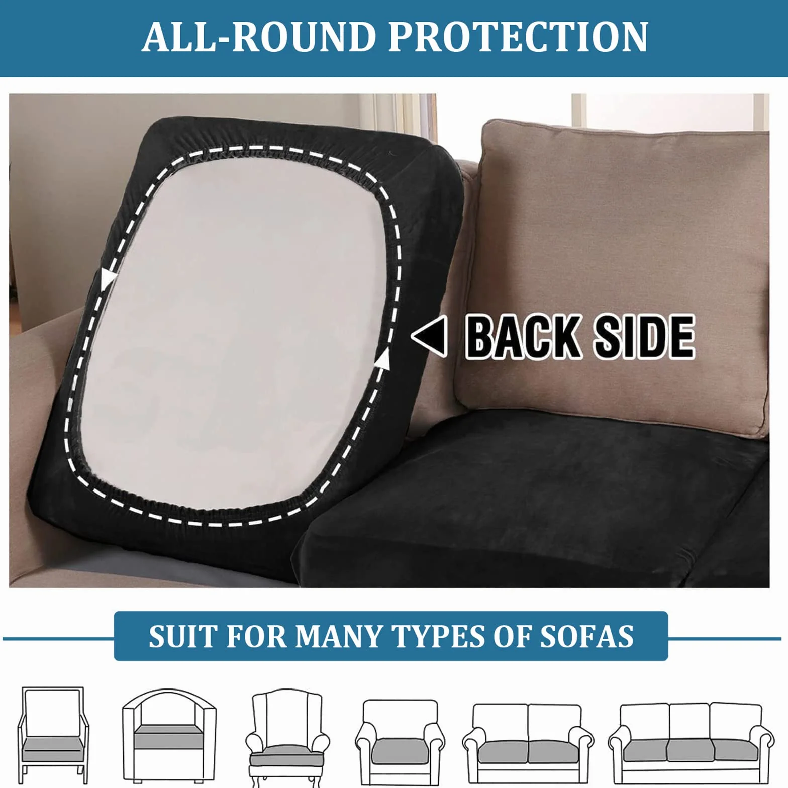 Housses de Coussin de Canapé en Velours Extensible, Remplacement pour Coussin Individuel (Grand 1 Place, Noir)