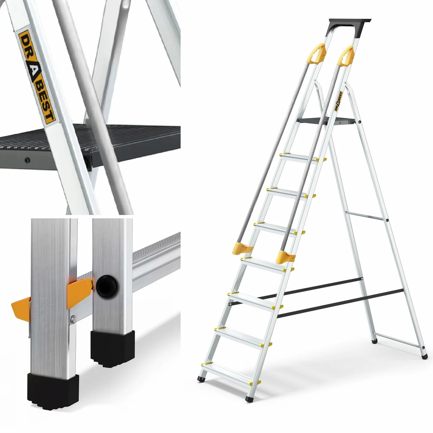 Drabest Échelles Série Pro Escabeau Ménager 8 Marches Aluminium 150 KG 52x239x12 cm