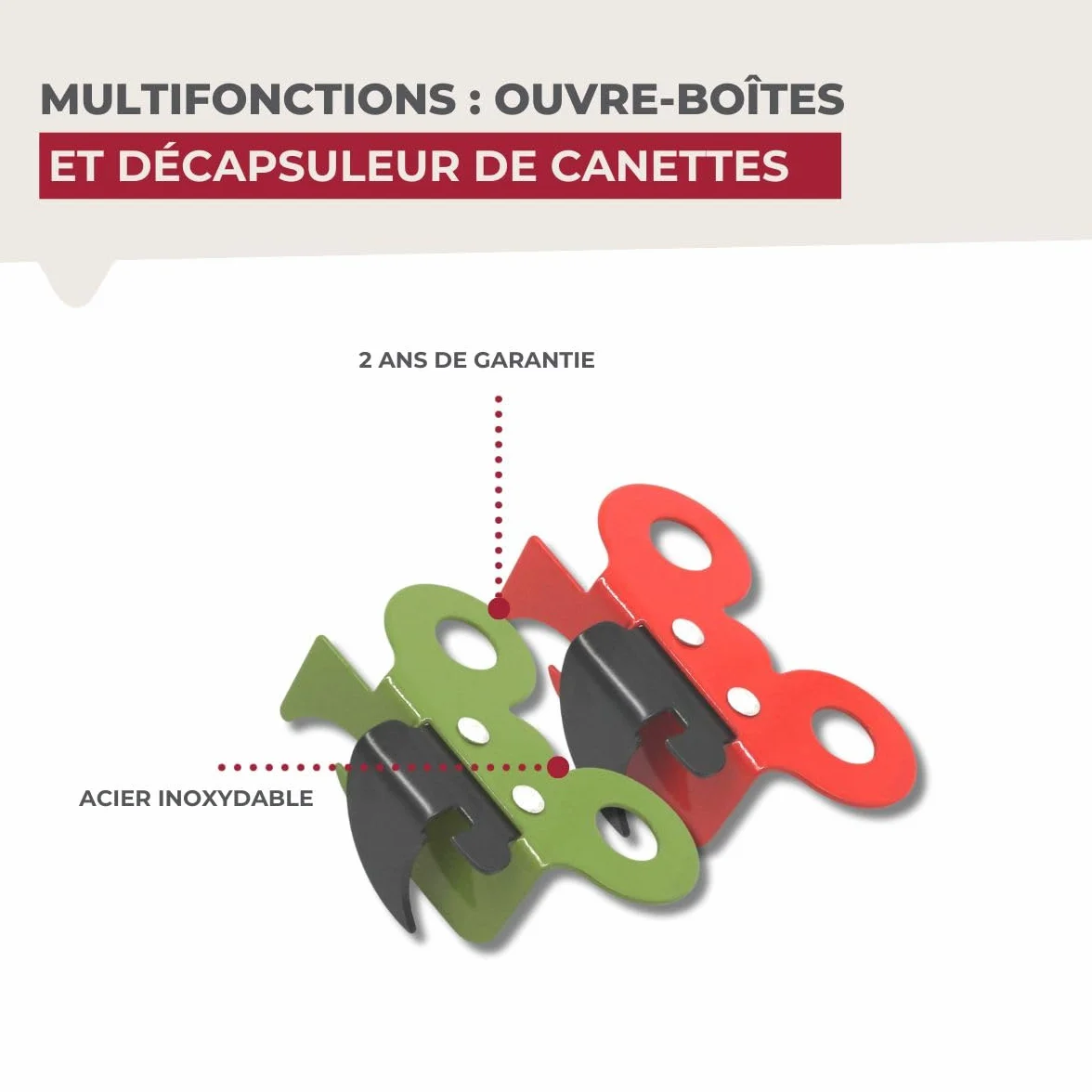 Fackelmann Ouvre-boîte Manuel 2 en 1 Acier Inoxydable 7,3 x 4,5 x 2,5 cm Rouge Vert