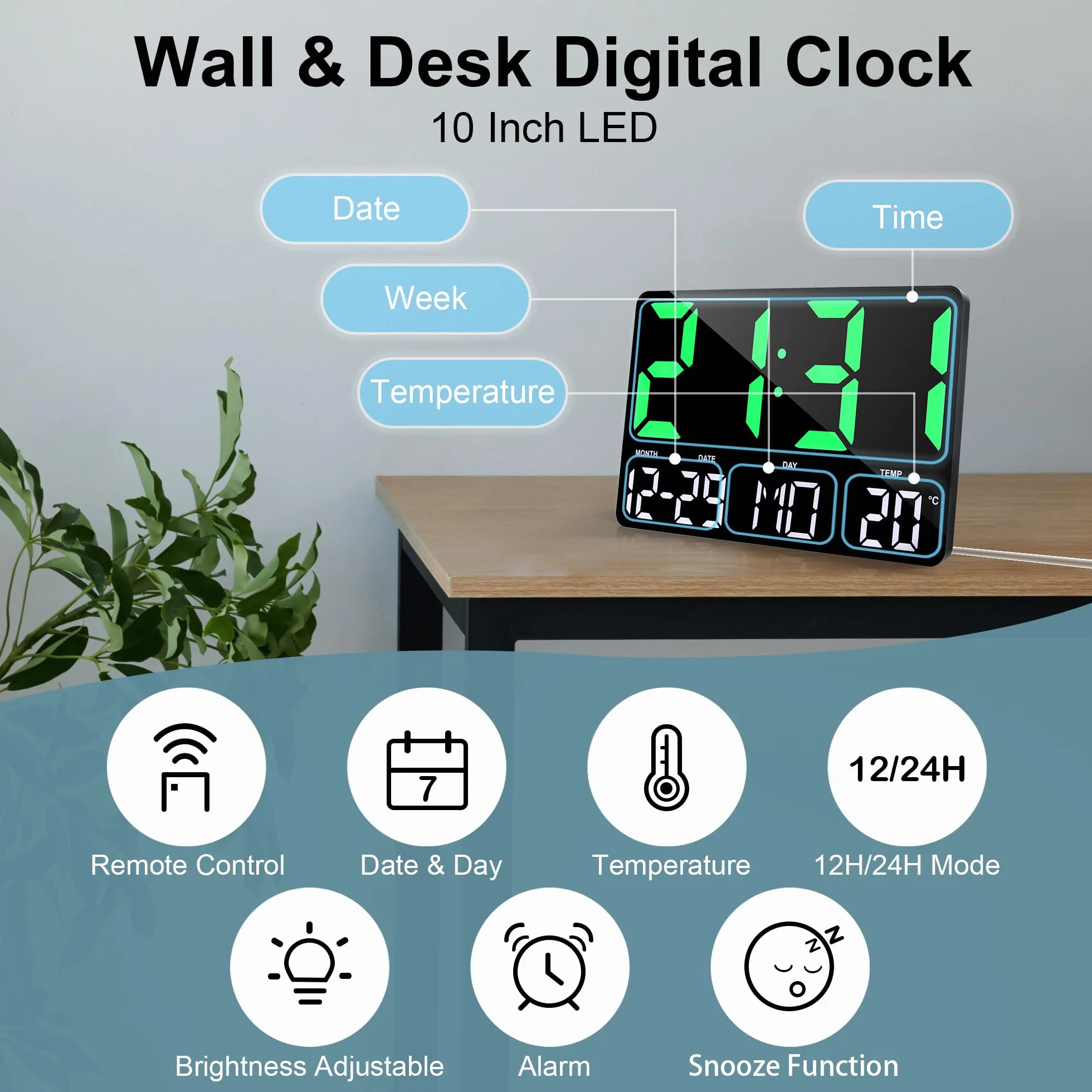 Lafocuse Horloge Murale Numérique LED 12" avec Télécommande, Température, Date, Alarme, Snooze, Luminosité Réglable, Vert