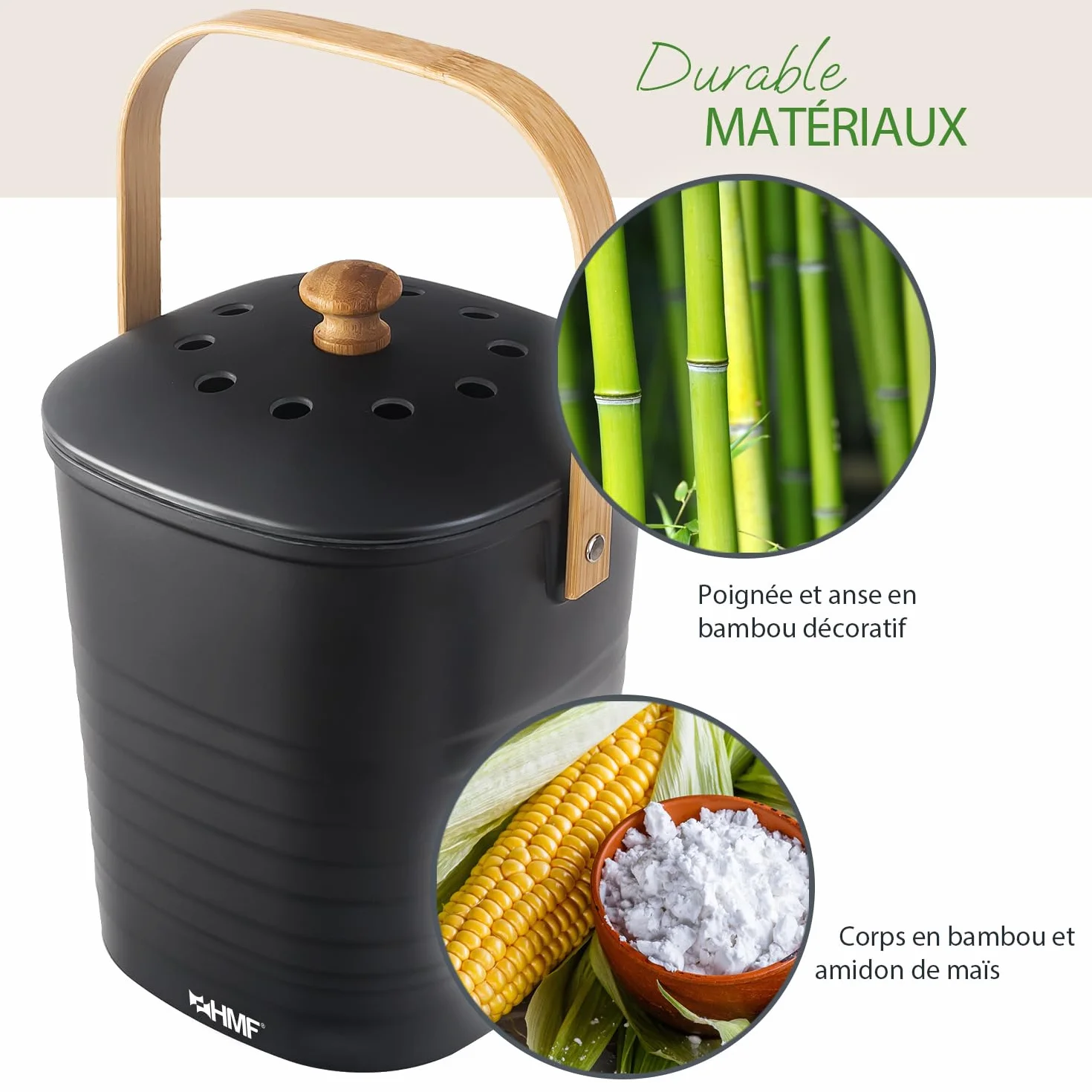 HMF Seau à Compost 3 L Noir Poubelle Bio Durable avec Couvercle