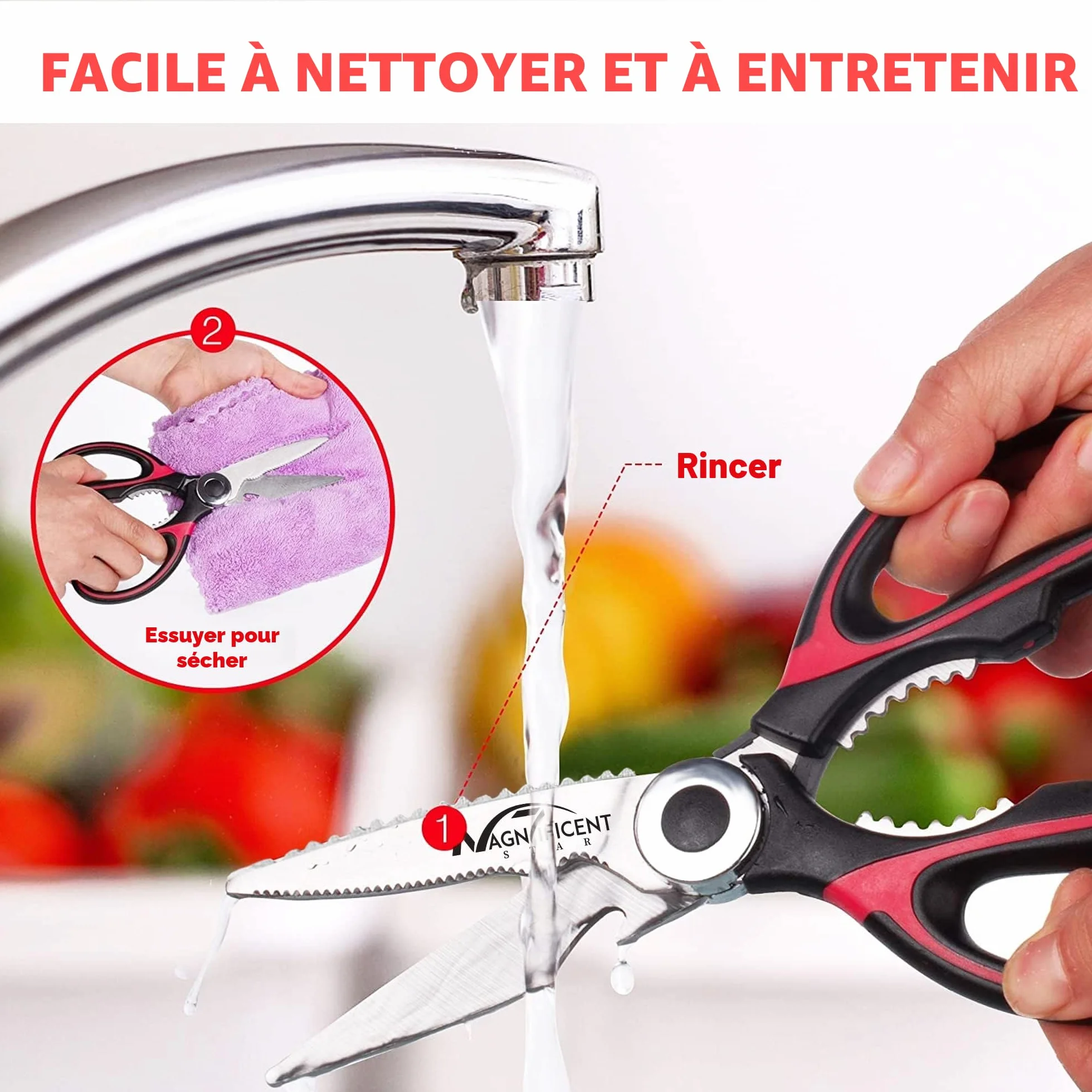 Ciseaux de cuisine en acier inoxydable avec couvercle et poignées confortables
