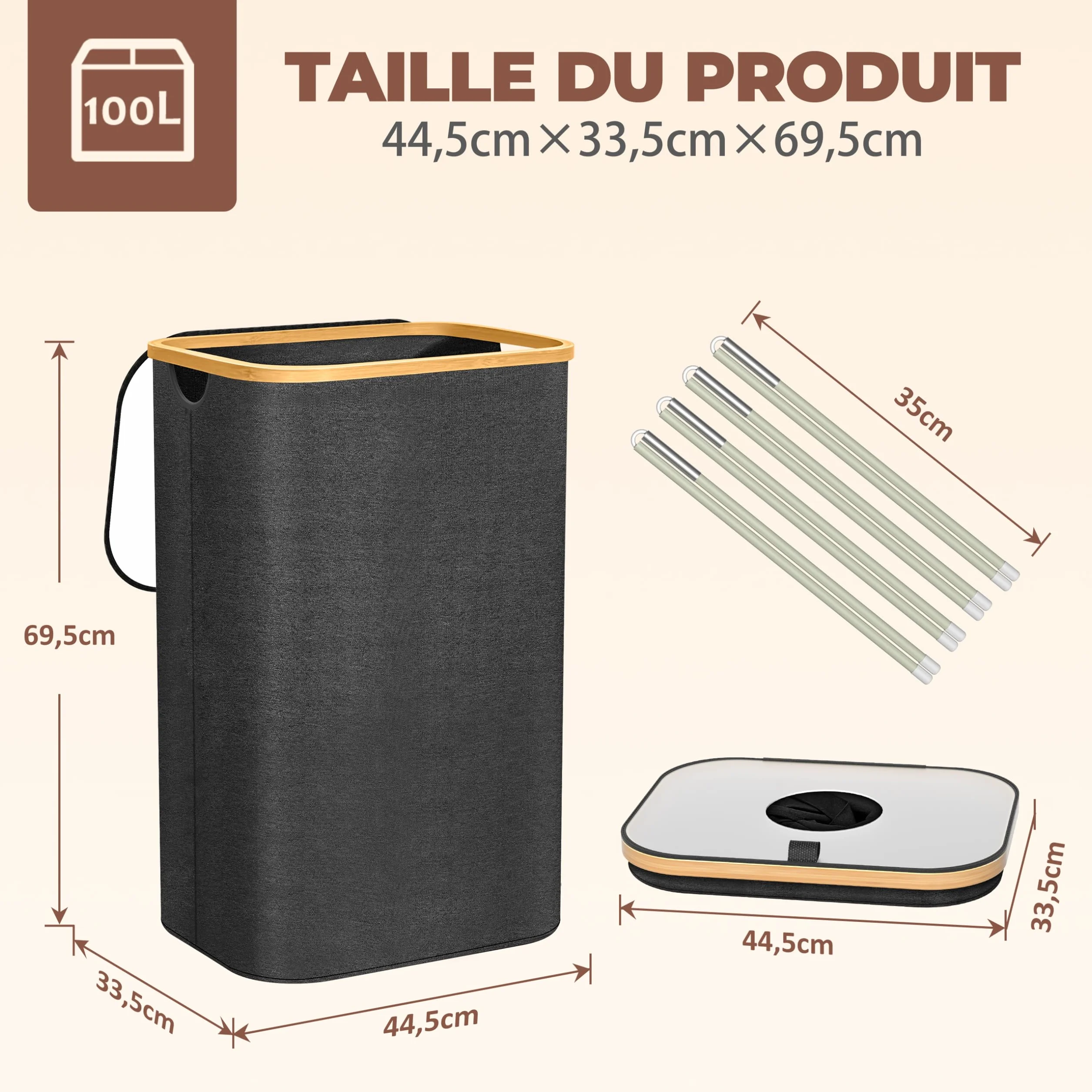 Poubelle Cuisine Tri Sélectif 100L Noir – Bac Recyclage Double Compartiment Bambou
