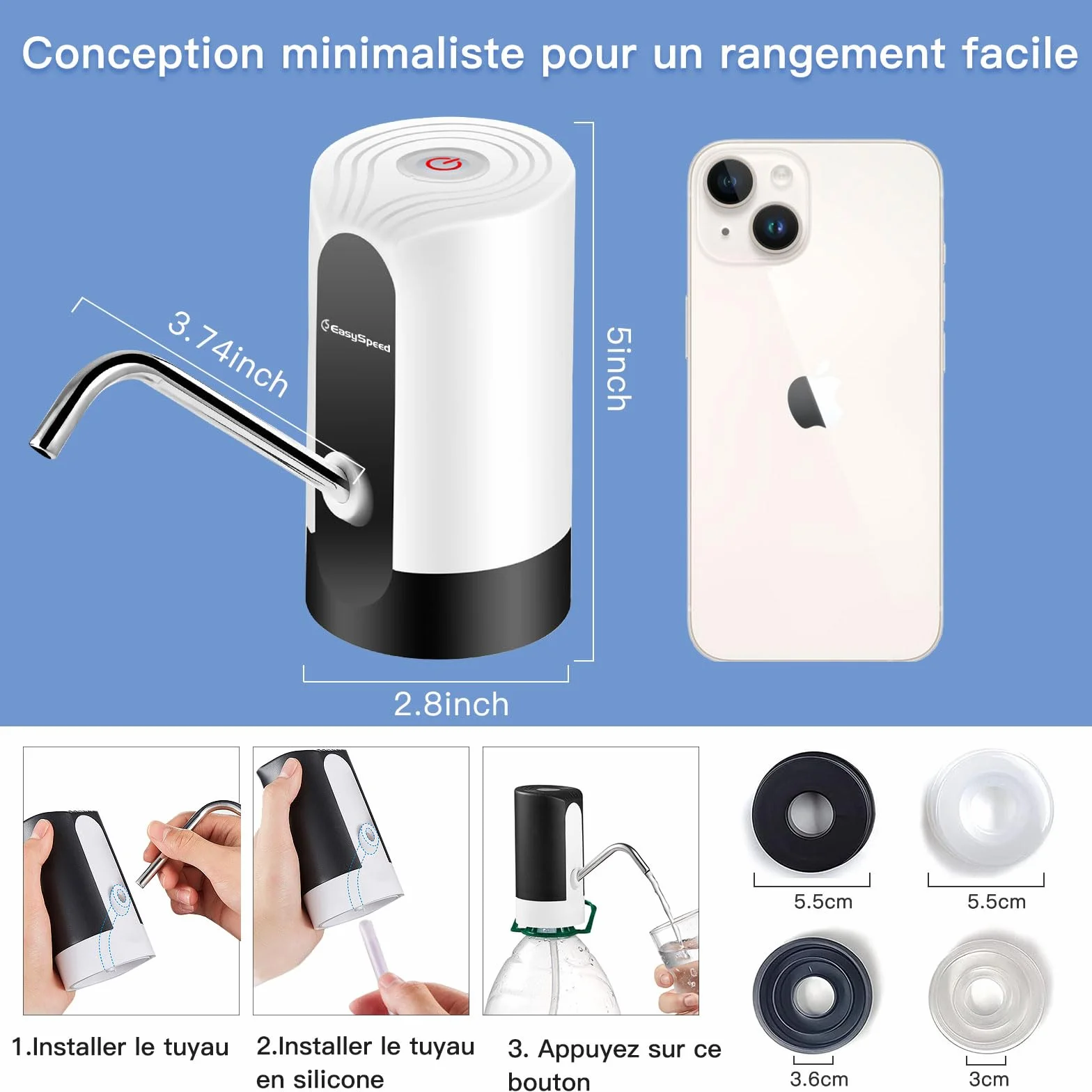 EASYSPEED Distributeur Eau Portable Rechargeable USB avec 2 Adaptateurs, Pompe Automatique pour Camping Maison Bureau Blanc