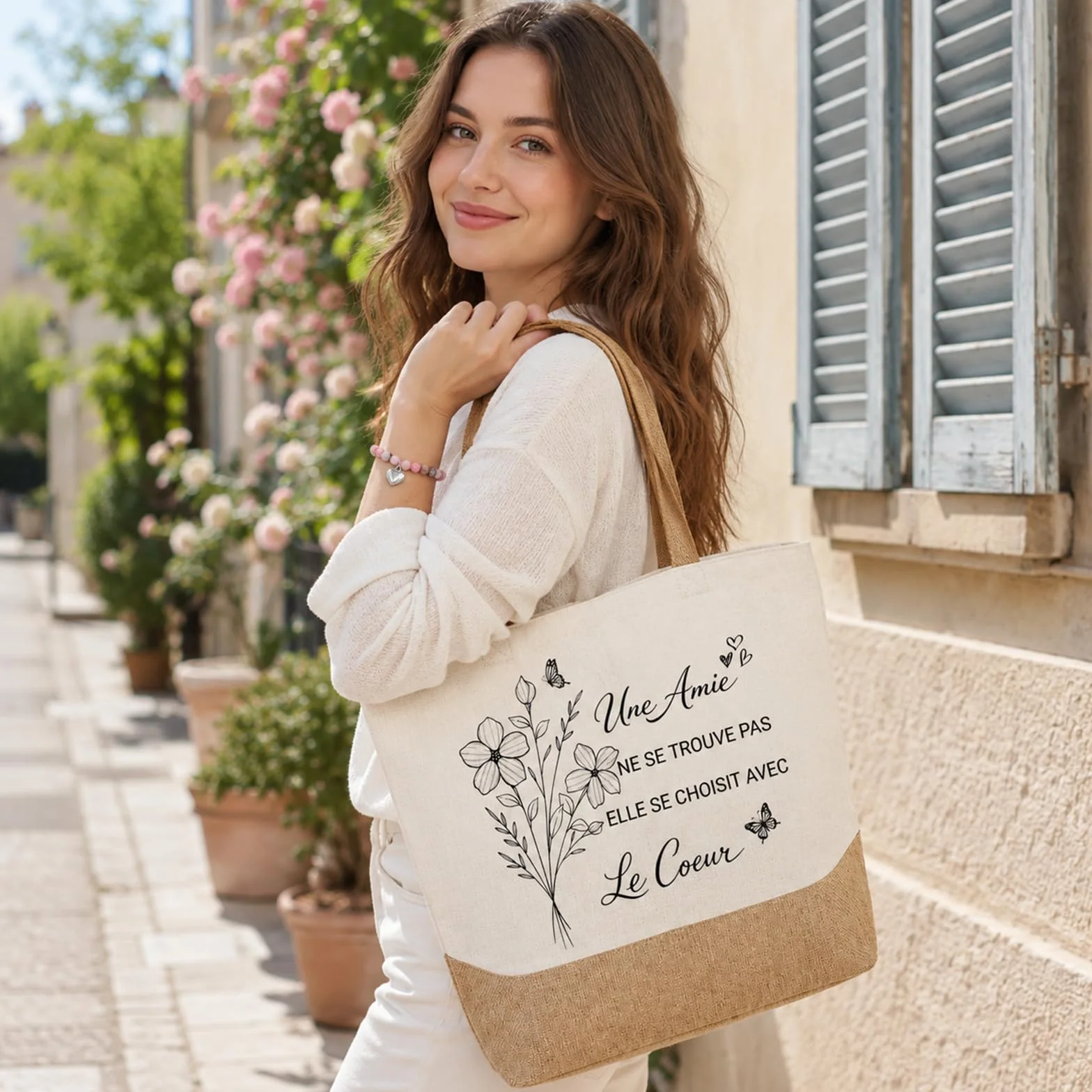 Cadeau Meilleure Amie Tote Bag Sac en Toile Jute Cabas avec Porte-Clés et Bracelet