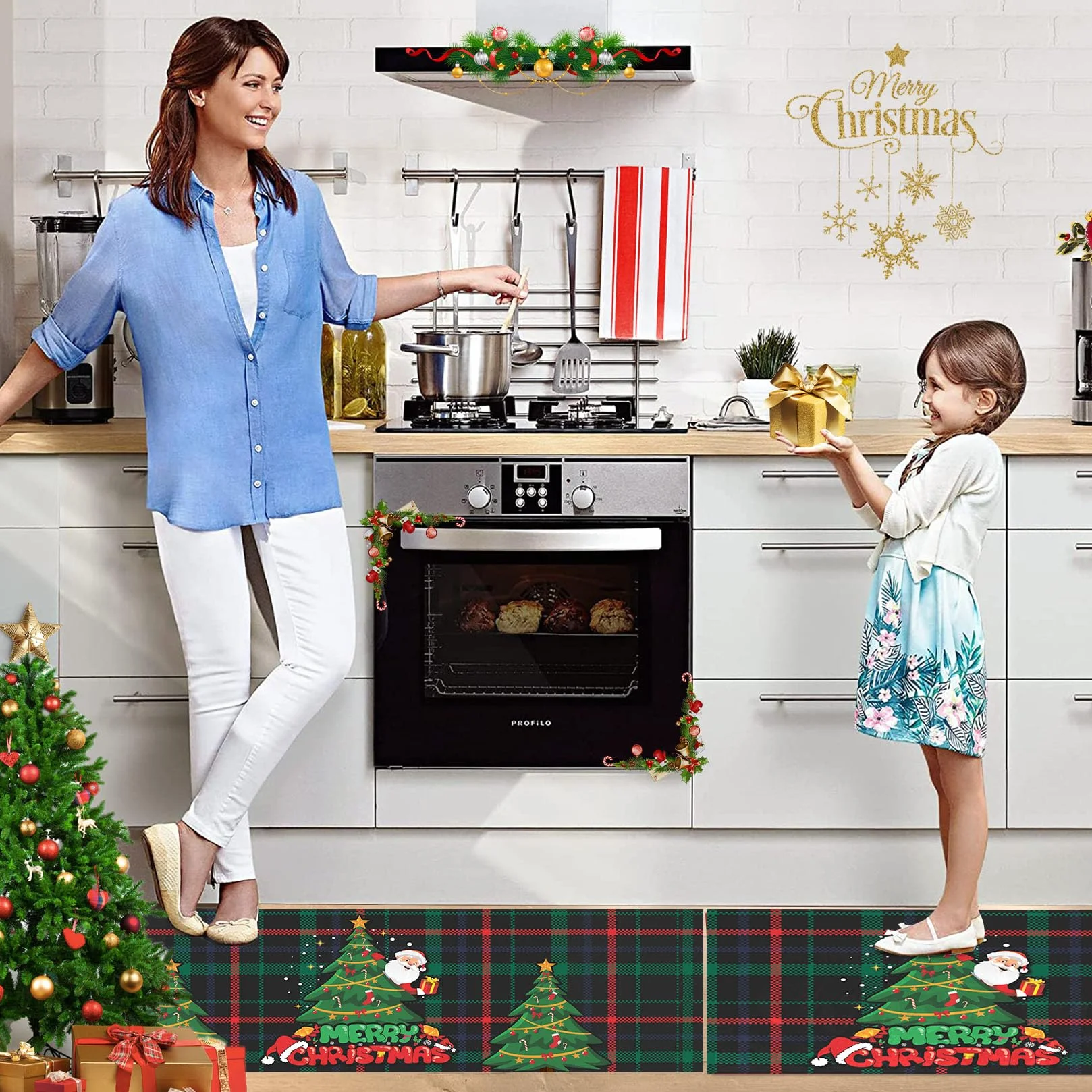 CAROMIO Lot de 2 tapis de cuisine antidérapants Motif arbres de Noël 40 x 60 + 40 x 120 cm Vert