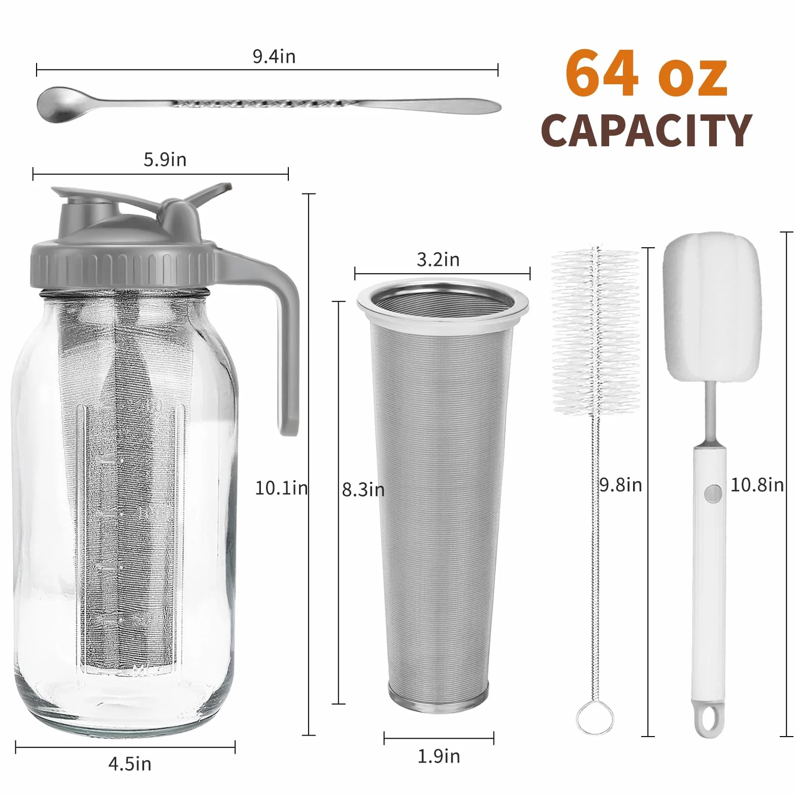 Cafetière à infusion froide 1,8 L, filtre, pichet en verre épais, couvercle étanche, brosse sans BPA, passe au lave-vaisselle (gris)