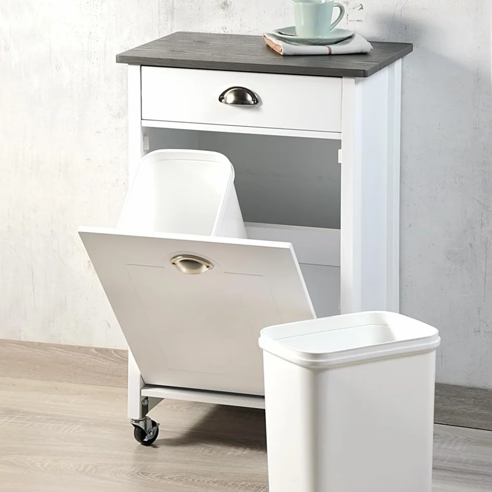 KESPER Chariot de Cuisine avec Système de Tri des Déchets, Laqué Blanc, Plaque de Recouvrement Gris