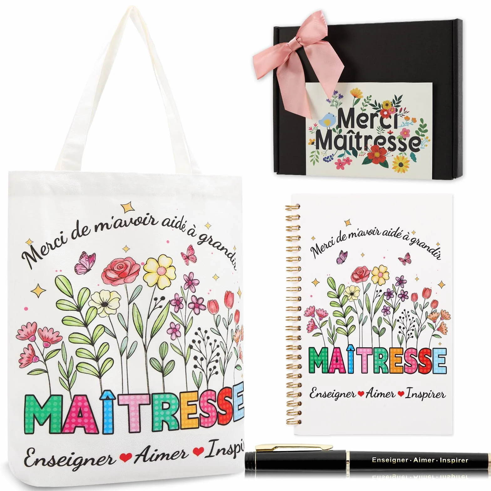 Echehi Cadeau Maitresse d'École Fin d'Année, Avec Tote Bag, Carnet A5, Stylo