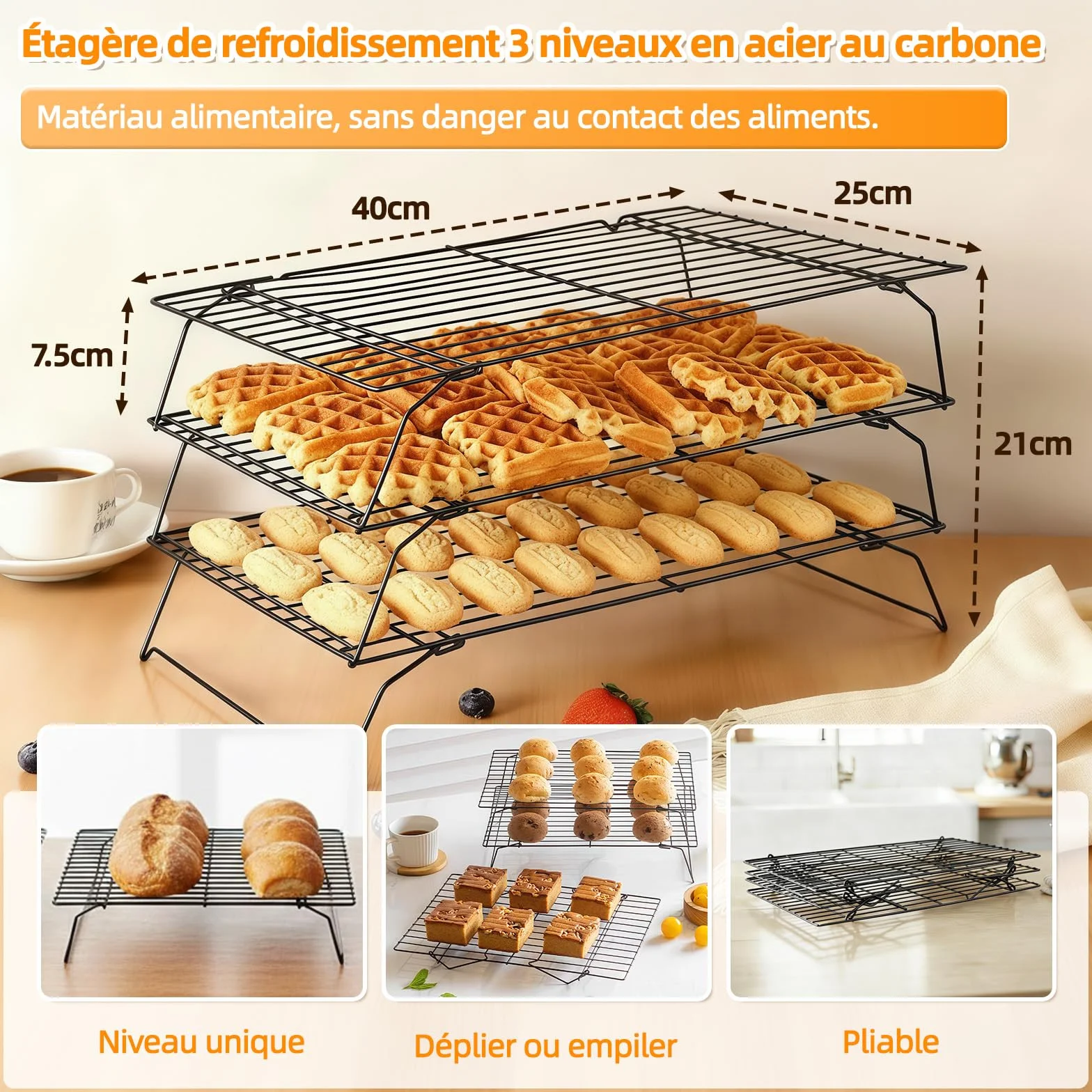 Grille de Refroidissement Pâtisserie Acier Carbone Antiadhésive 40x25 cm Pliable Empilable 3 Niveaux