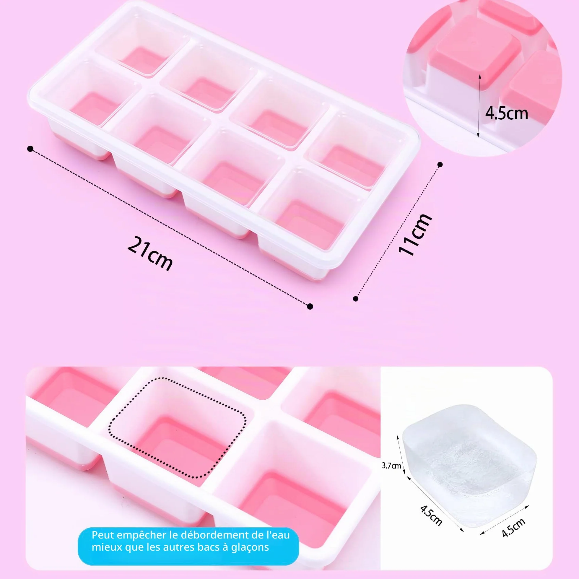 Moules à Glaçons en Silicone avec Couvercle, 3 Pack, Empilable, Forme Sûre pour Cocktail, Whisky, Café (Rose+Jaune)