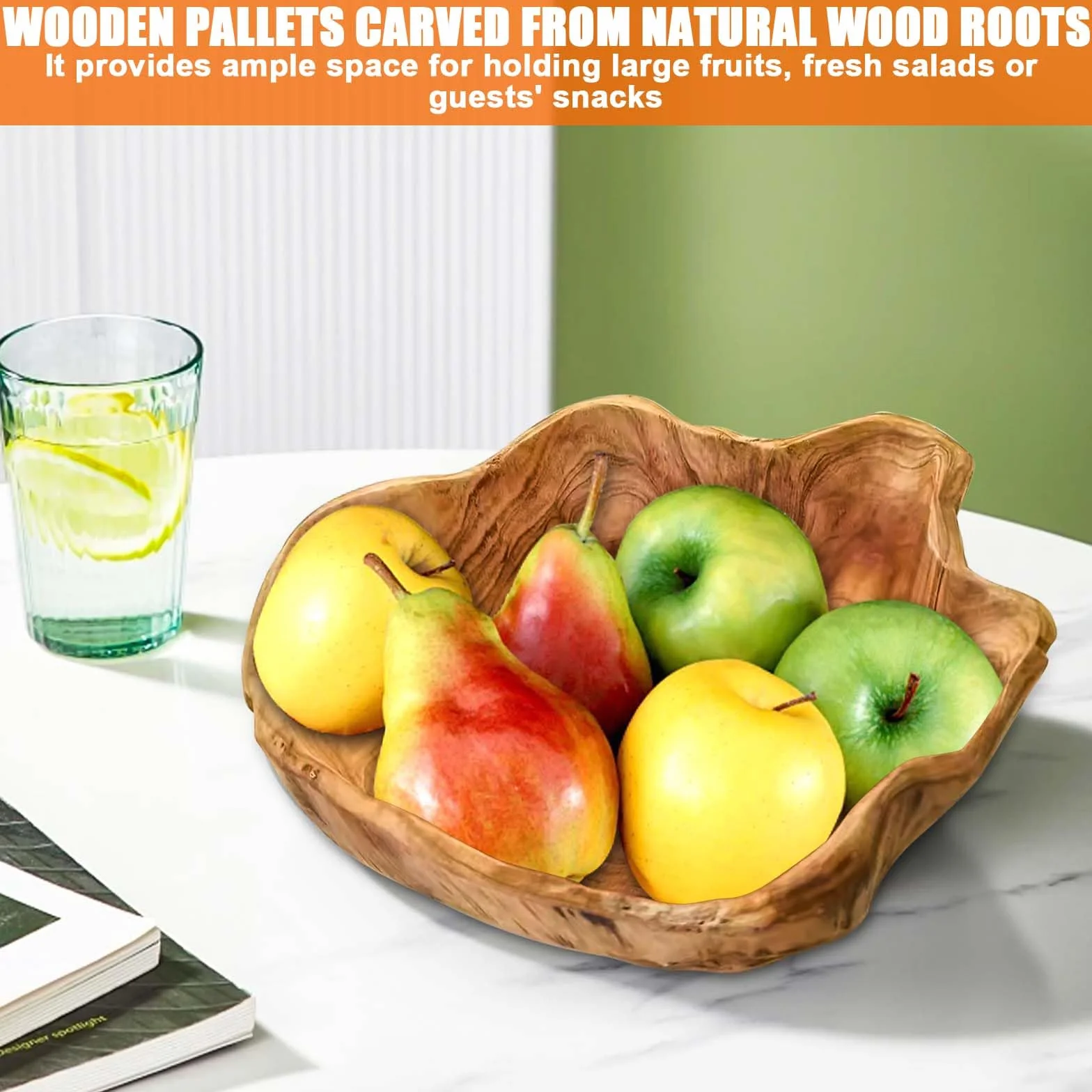 Bol à fruits en bois naturel - Saladier décoratif en bois fait à la main - Bol irrégulier pour salades, collations, fruits (20-24 cm)