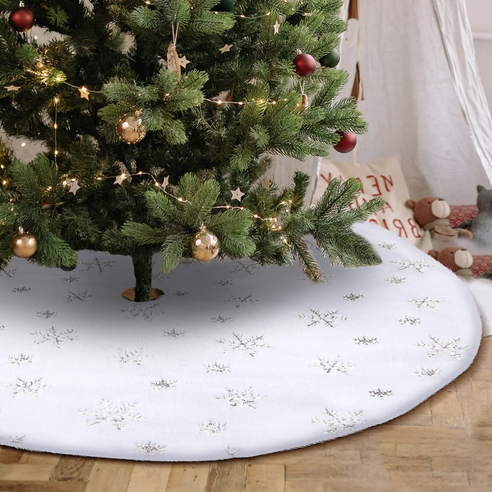 Couverture de sapin de Noël 120 cm blanche en peluche fausse fourrure flocons de neige argentés