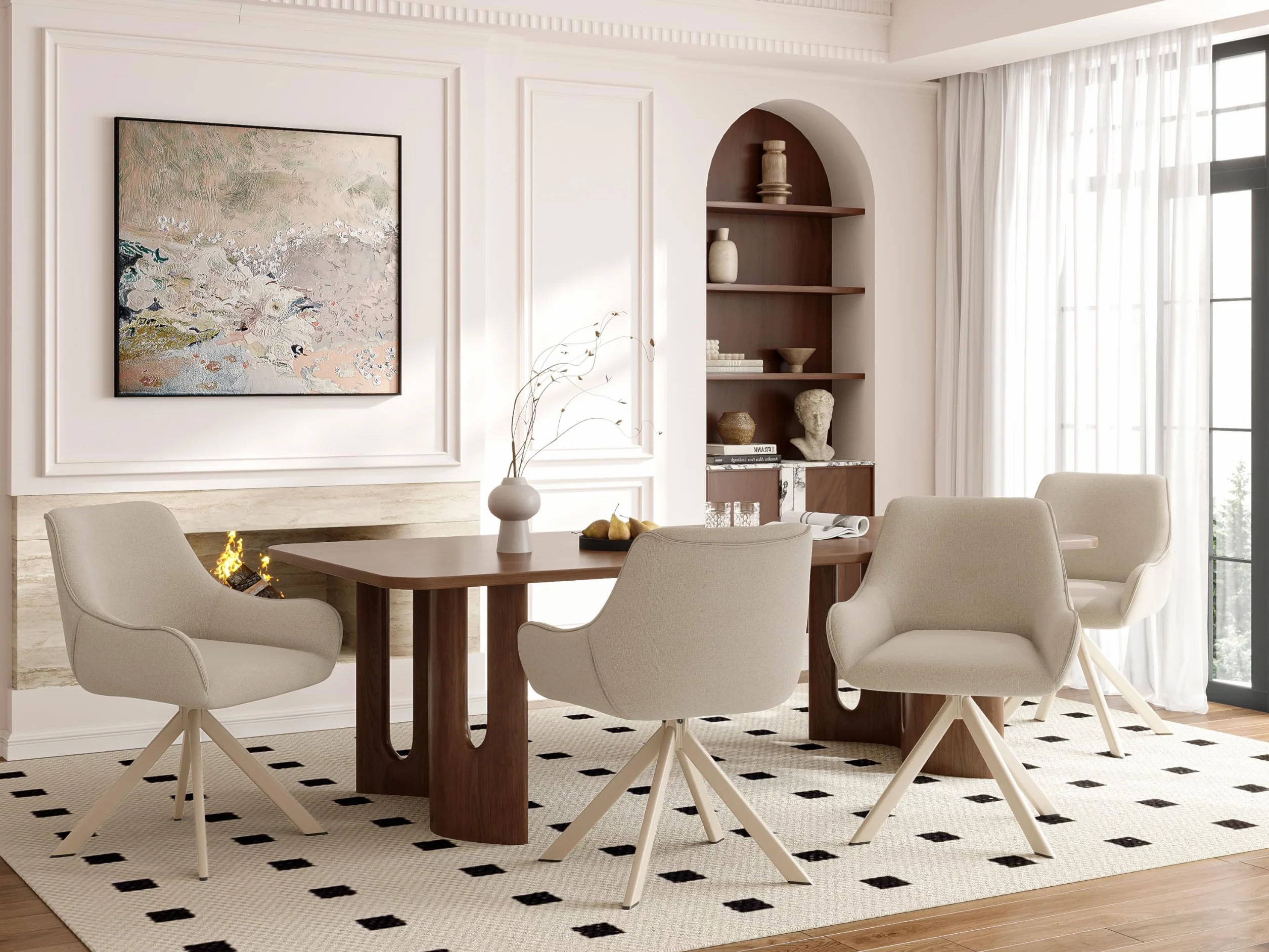 Lot de 6 chaises de salle à manger pivotantes 360° en lin beige avec accoudoirs et structure métal