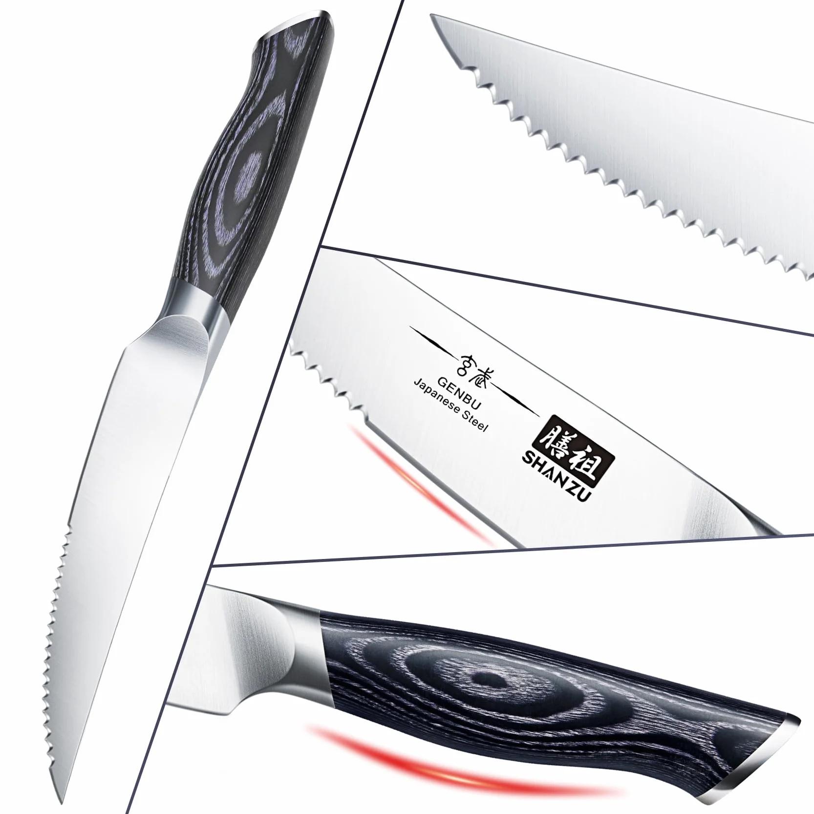 SHAN ZU Couteaux à Steak 6 Pièces, Set de Table, Lame Ultra-Fine Acier Inoxydable, Manche Bois K133 Série Genbu