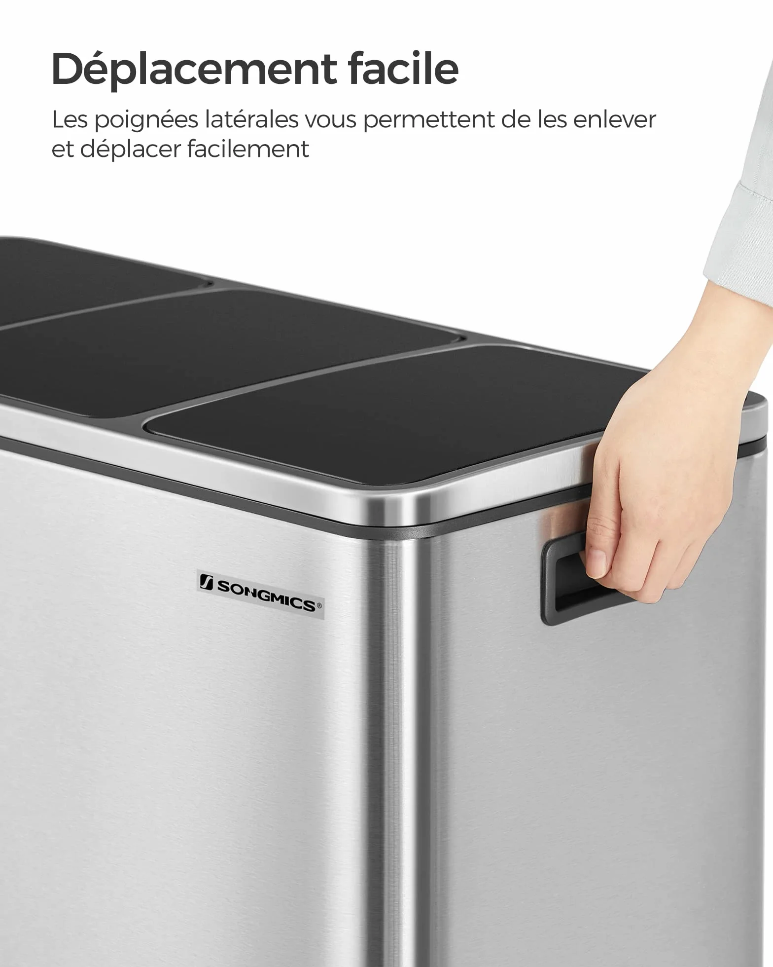 SONGMICS Poubelle Cuisine 3x18L Tri Compartiments Acier Argent Métallique Noir LTB54NL
