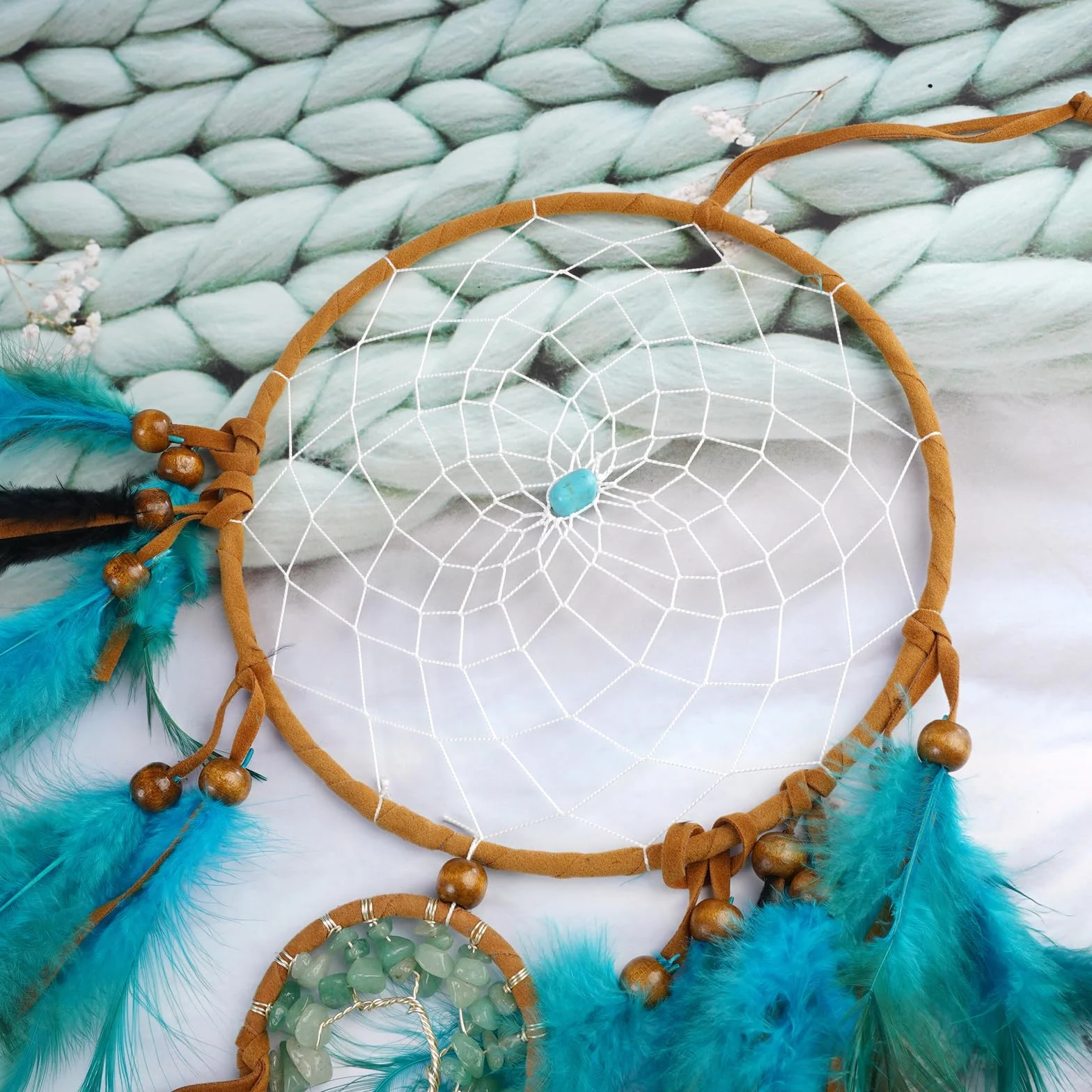 Attrape Rêve 60 cm Bleu Vintage Plumes Fait Main Bohème Grand Capteur de Rêves Décoration Murale