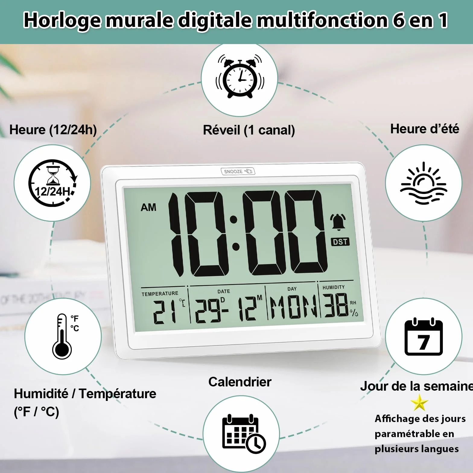 XREXS Horloge Murale Numérique 19,4 x 10,4 cm - Écran LCD HD, Réveil, Température & Humidité, 12/24h