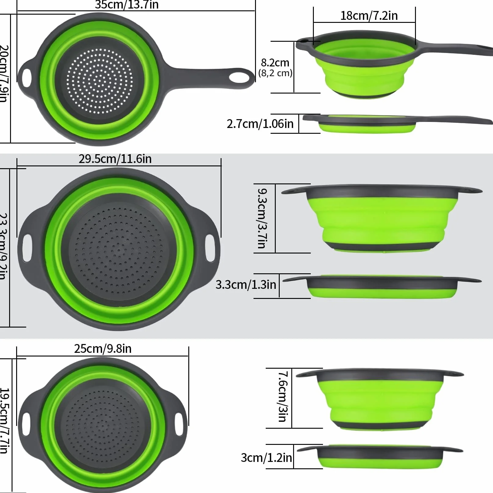 Passoire Pliable Silicone 3 Pièces avec Poignées pour Pâtes Légumes Fruits Vert