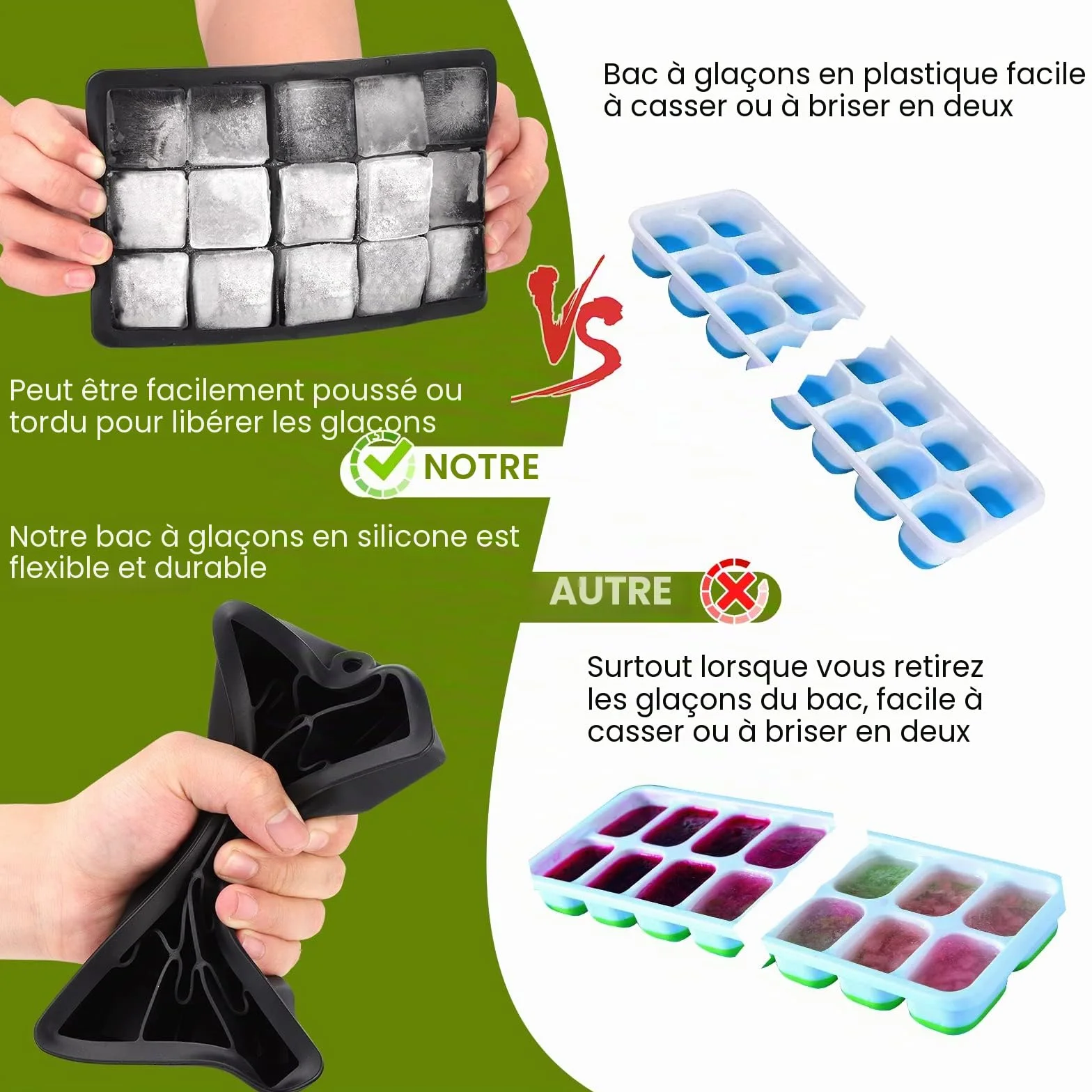 Bac à Glaçons 15 Compartiments Lot de 3 en Silicone avec Couvercle Grand Moule Empilable sans BPA