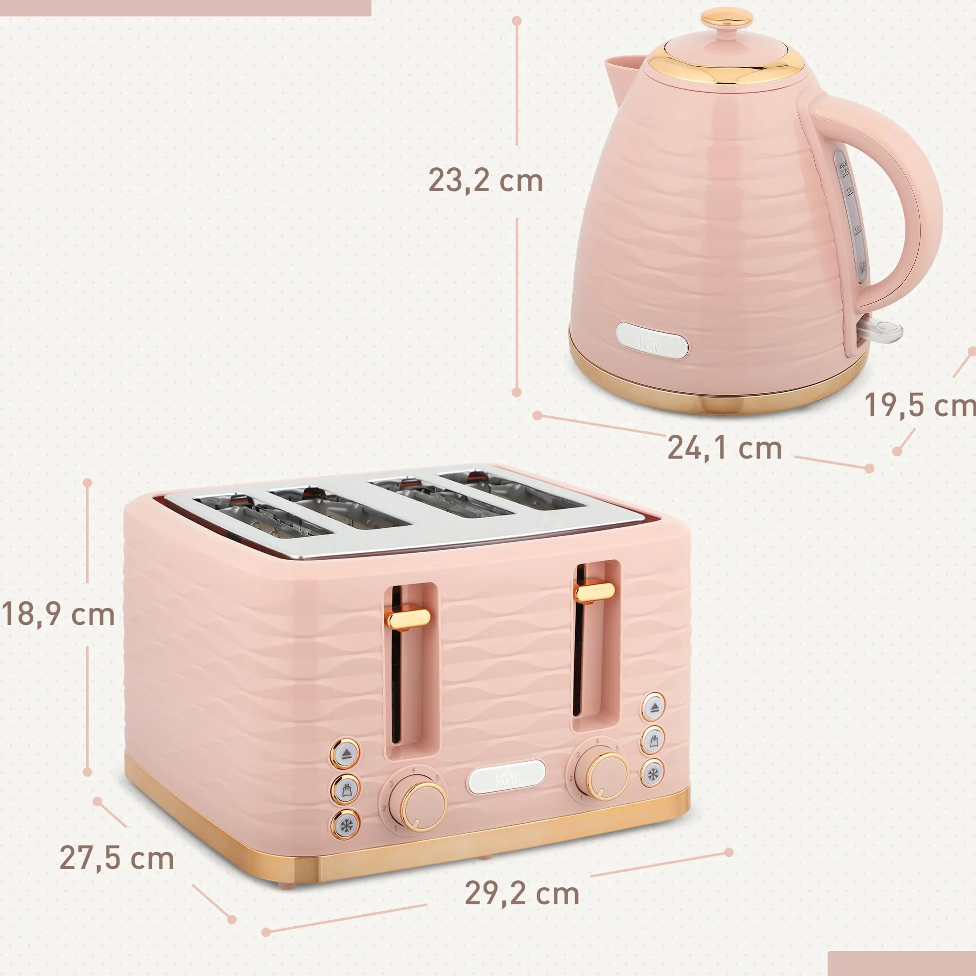 HOMCOM Set petit-déjeuner bouilloire 1,7 L grille-pain 4 tranches 2200 W 7 niveaux grillage thermostat Otter rose