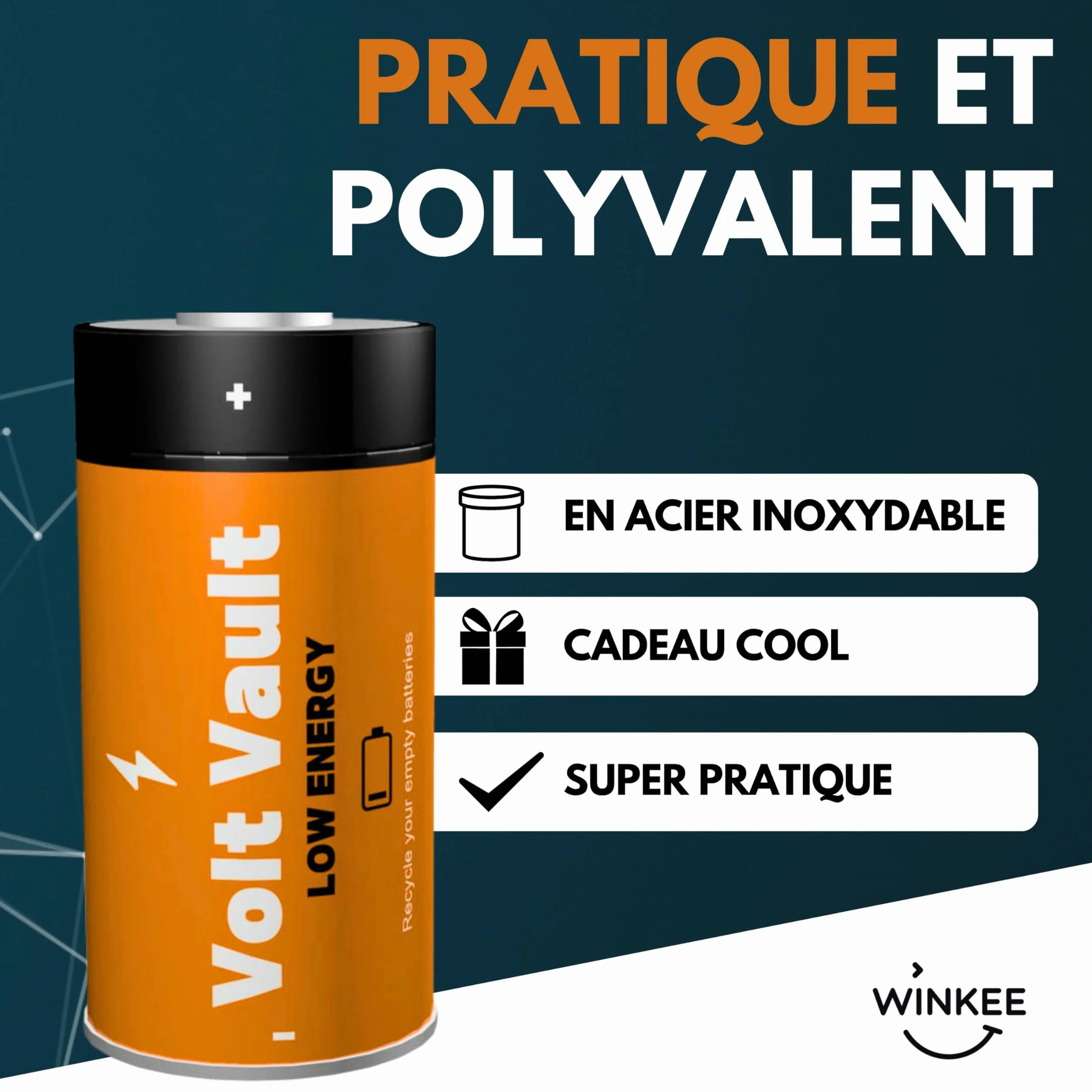 Winkee Boîte Volt Vault - Poubelle de bureau design - Rangement piles usagées - Boîte en métal