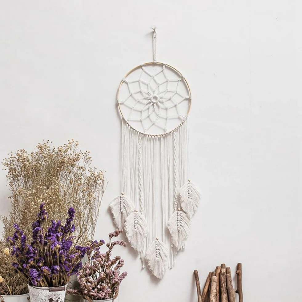 Attrape-rêves Boho Blanc Fait Main Macramé Tissé Coton Art mural Décoration Maison