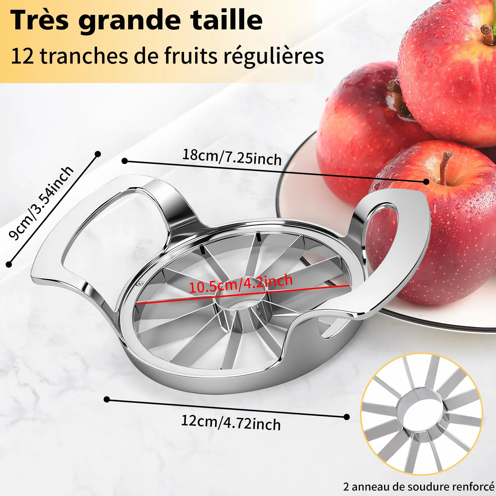 Coupe Pomme en Acier Inoxydable 12 Lames Extra-large, Trancheuse de Pomme Robuste