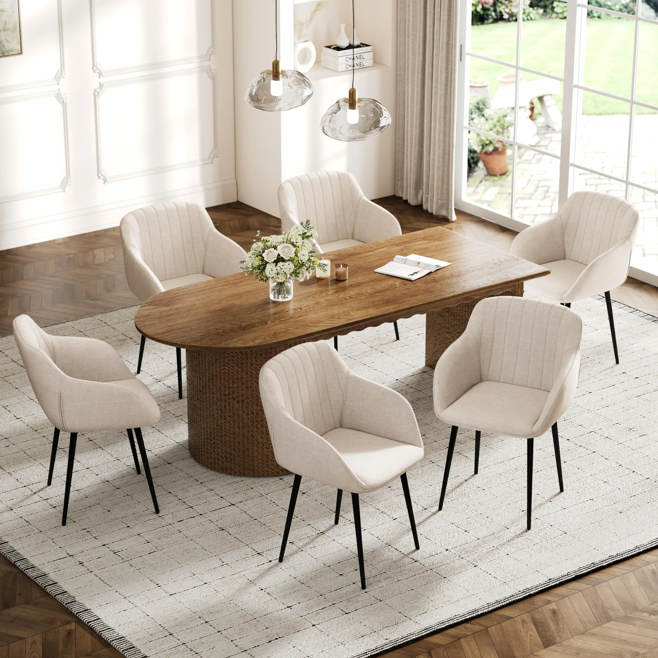 Lot de 6 Chaises Salle à Manger Beige avec Accoudoirs, Fauteuil Rembourré en Lin Pieds Métal