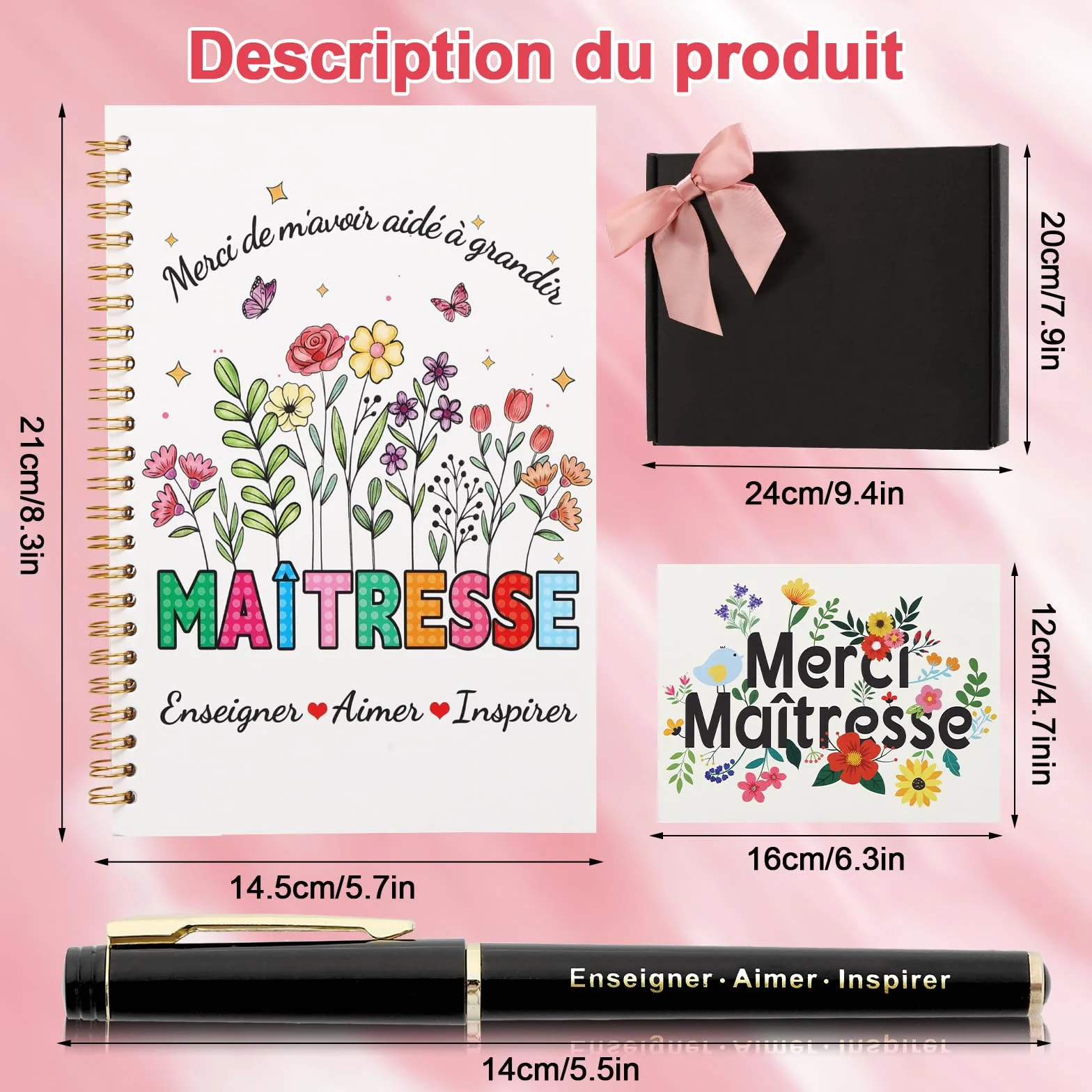 Echehi Cadeau Maitresse d'École Fin d'Année, Avec Tote Bag, Carnet A5, Stylo