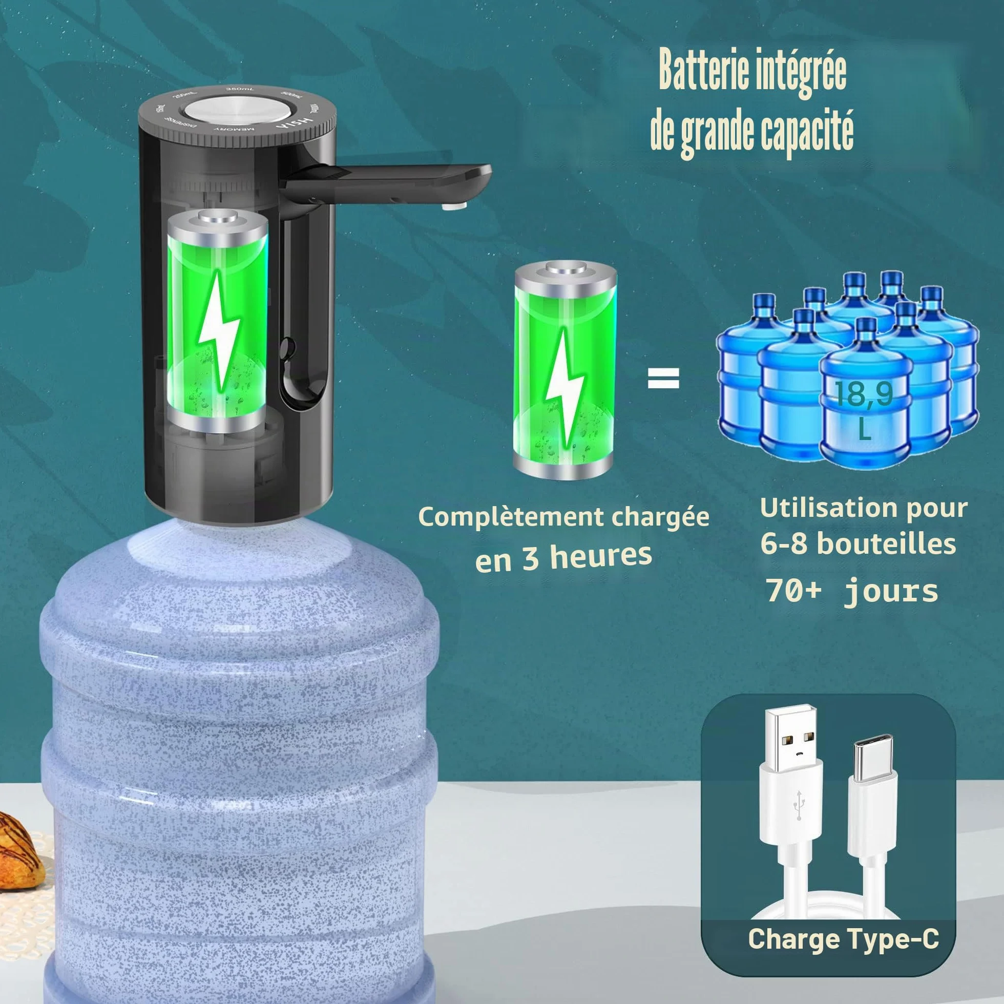 YISH Distributeur d'eau Automatique Pompe à Eau Froide Rechargeable USB 5 Gallons
