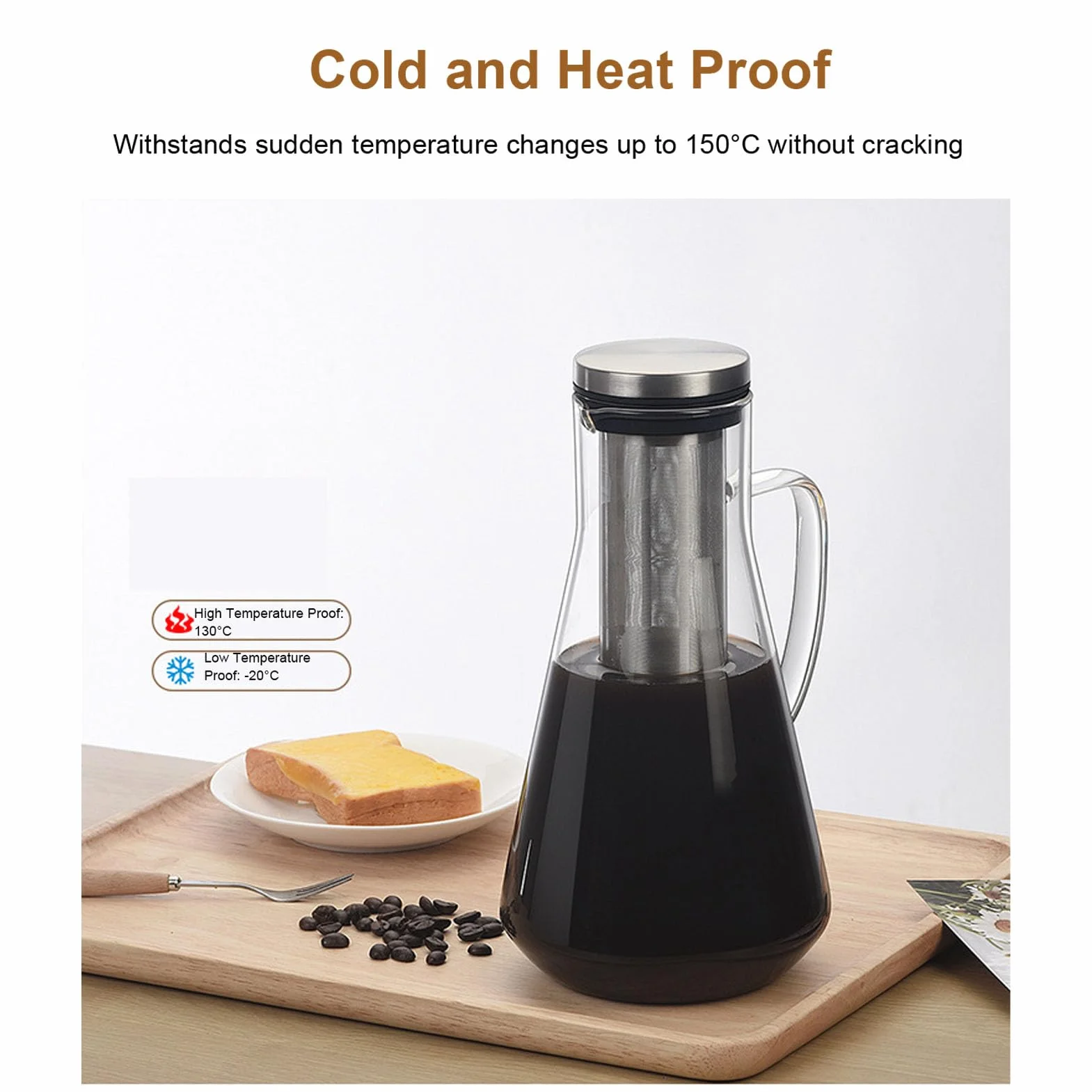 Cafetière à Infusion à Froid en Acier Inoxydable Pichet Verre Borosilicate 1600ML