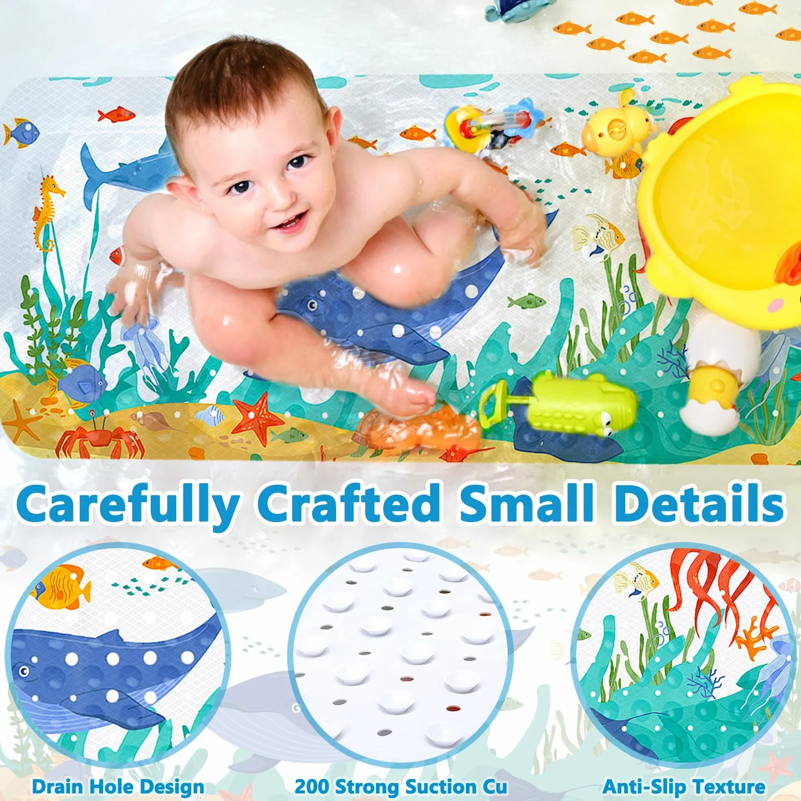Tapis de Bain Antidérapant pour Enfants 100x40cm PVC 200 Ventouses Lavable en Machine