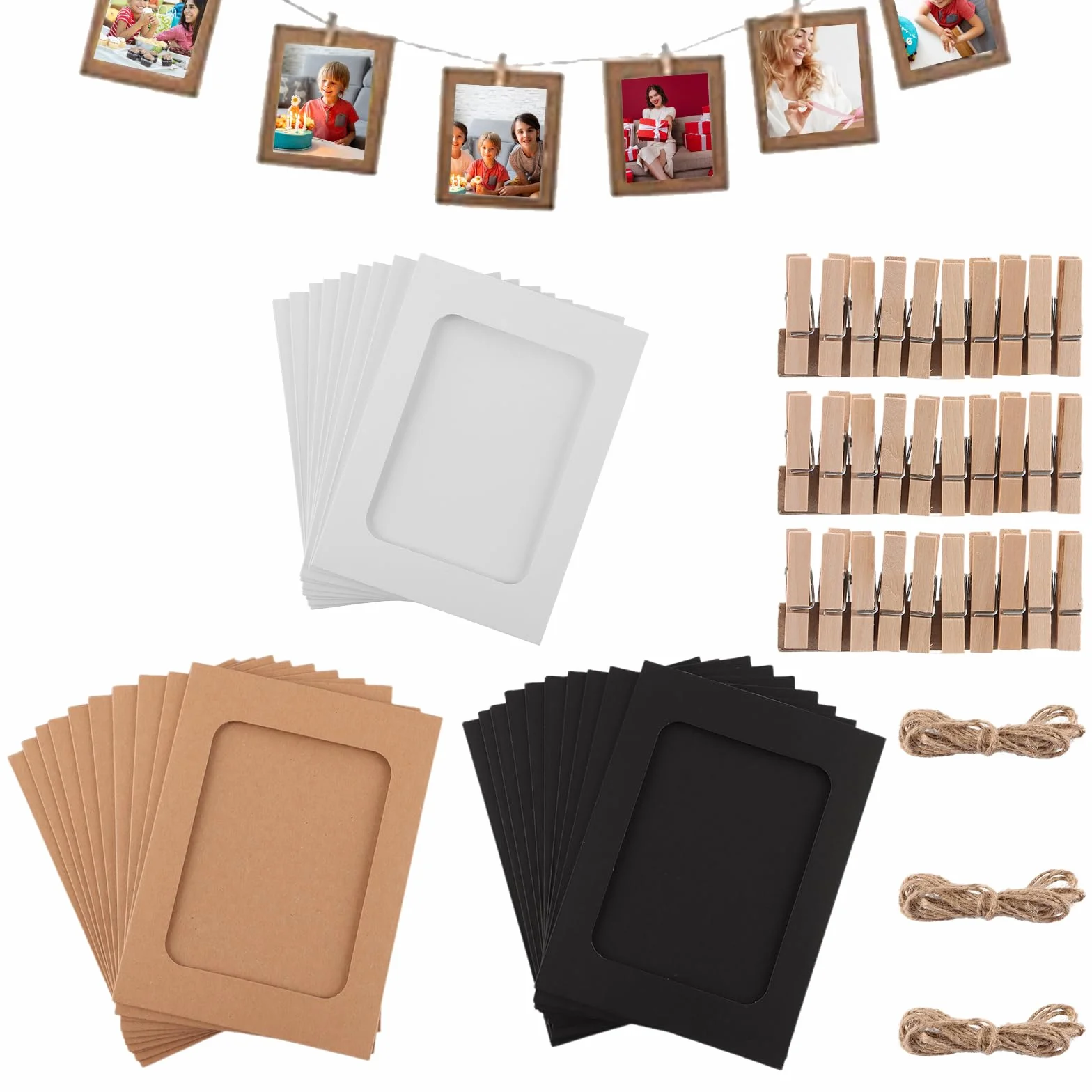 Cadres Photo en Papier 11,5 x 15,4 cm Lot de 90 avec Clips en Bois et Ficelle pour Décoration Fête