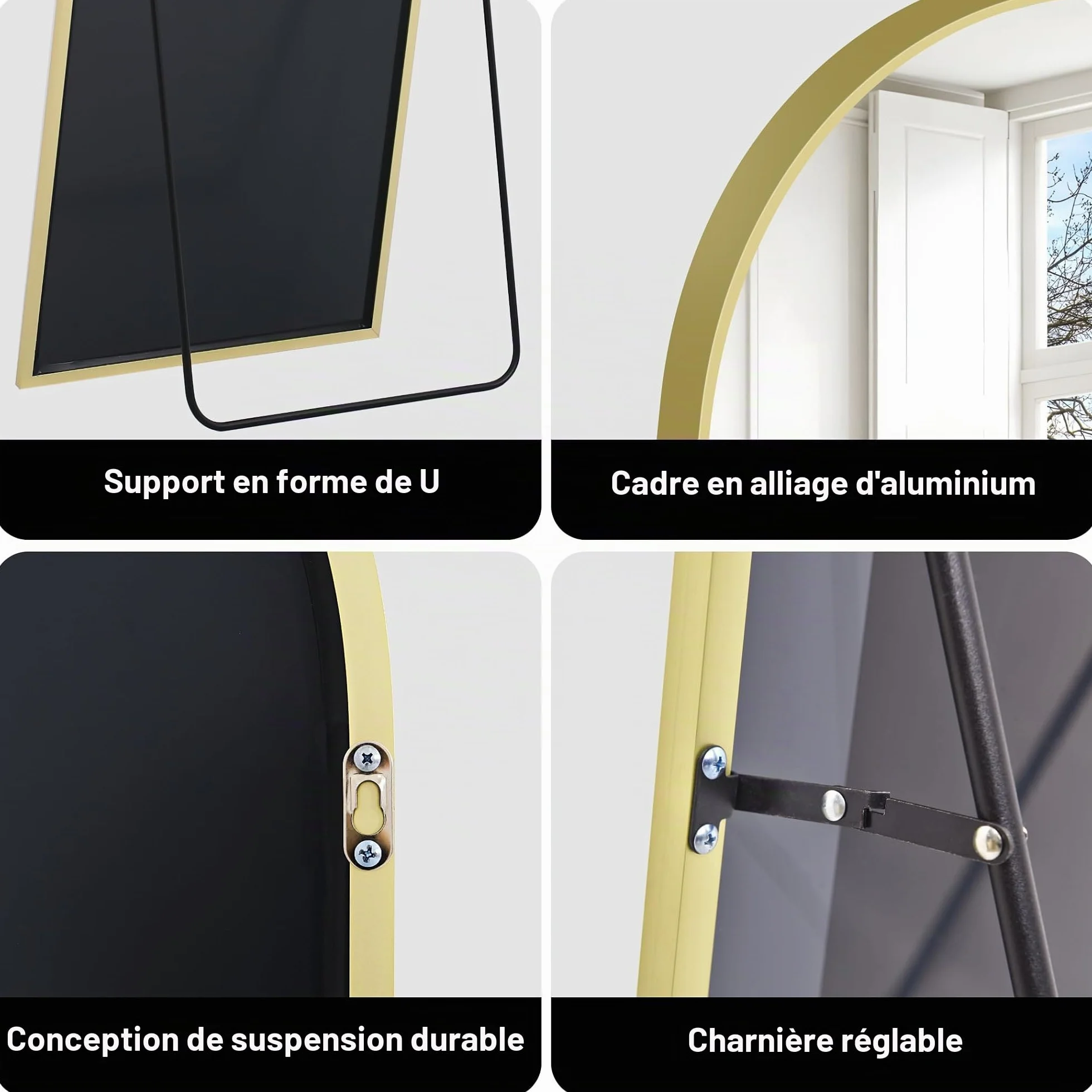 Miroir sur Pied Arqué 161 x 52 cm Cadre en Aluminium Miroir Mural Grand Miroir Penché Suspendu