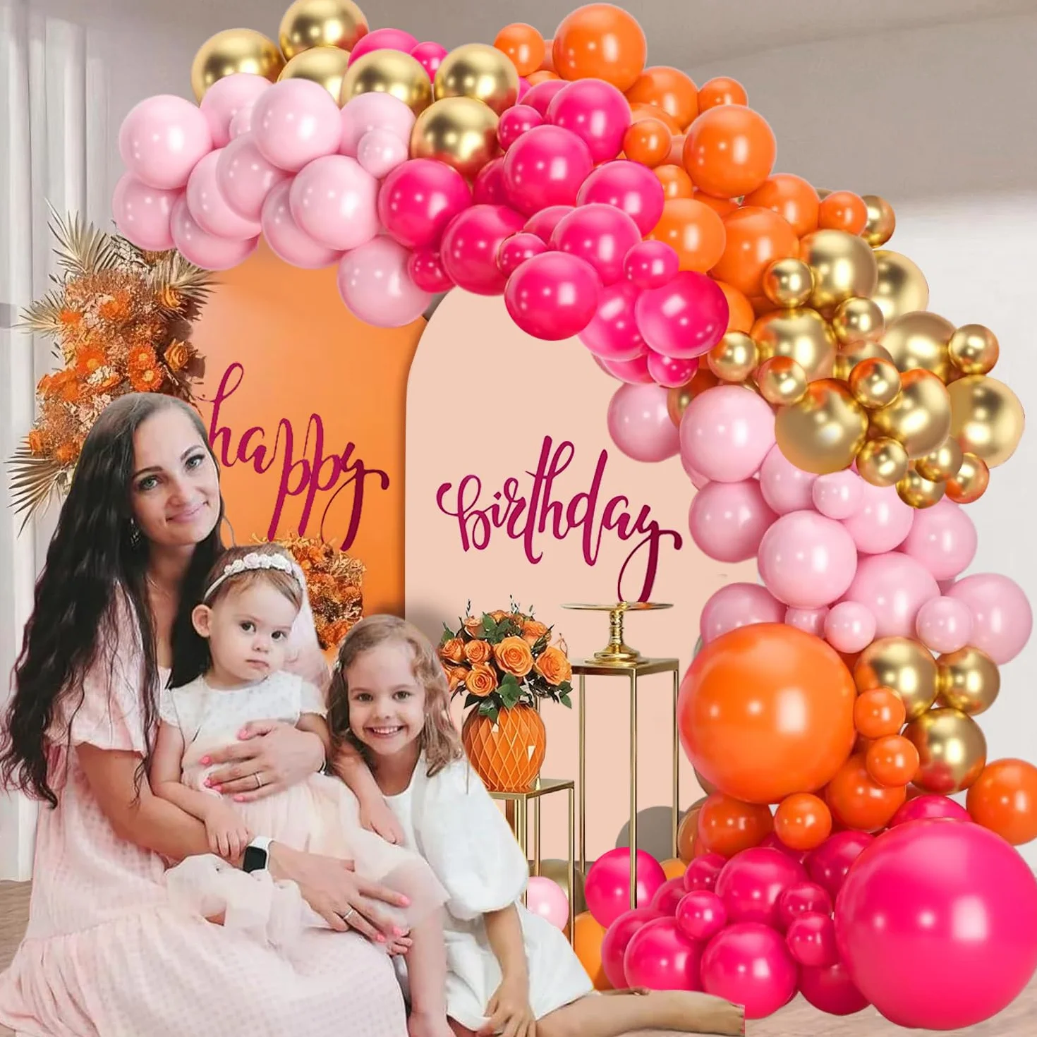 Ballons Rose Orange 60 Pièces Anniversaire Fille Latex Hélium Métallique Or Confettis Décoration Fête