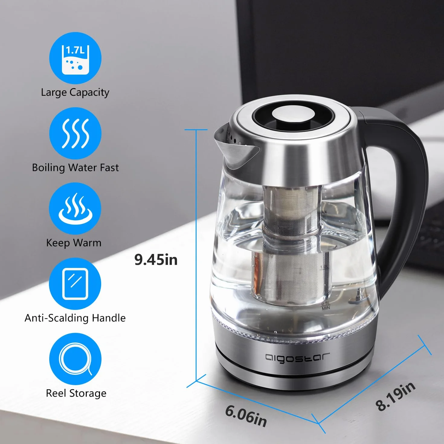 Aigostar Bouilloire en verre 2200W 1.7L Température Réglable 60-100°C Maintien au chaud Filtre à thé