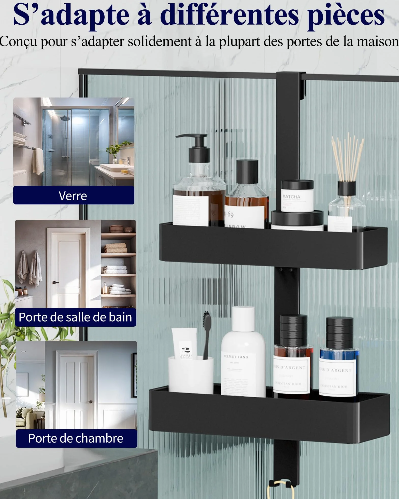 Kitsure Étagère Douche Suspendue 2 Niveaux sans Perçage Antirouille Rangement Salle de Bain Noir 29,1 x 11,2 x 55,3 cm