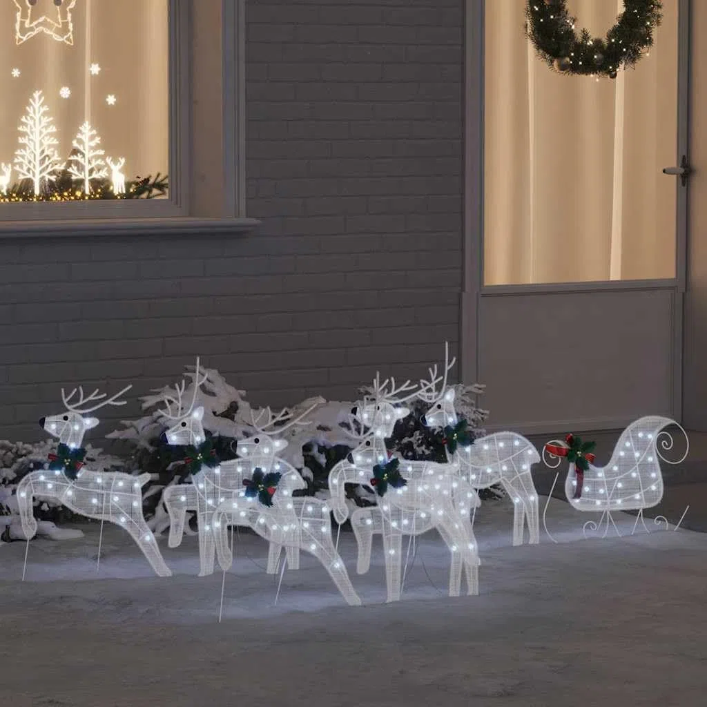 Rennes LED 7 pièces en Tissu Blanc pour décoration de Noël intérieur extérieur avec éclairage USB Style Art Déco, Dimensions 43 x 18 x 66 cm, Ambiance Festive