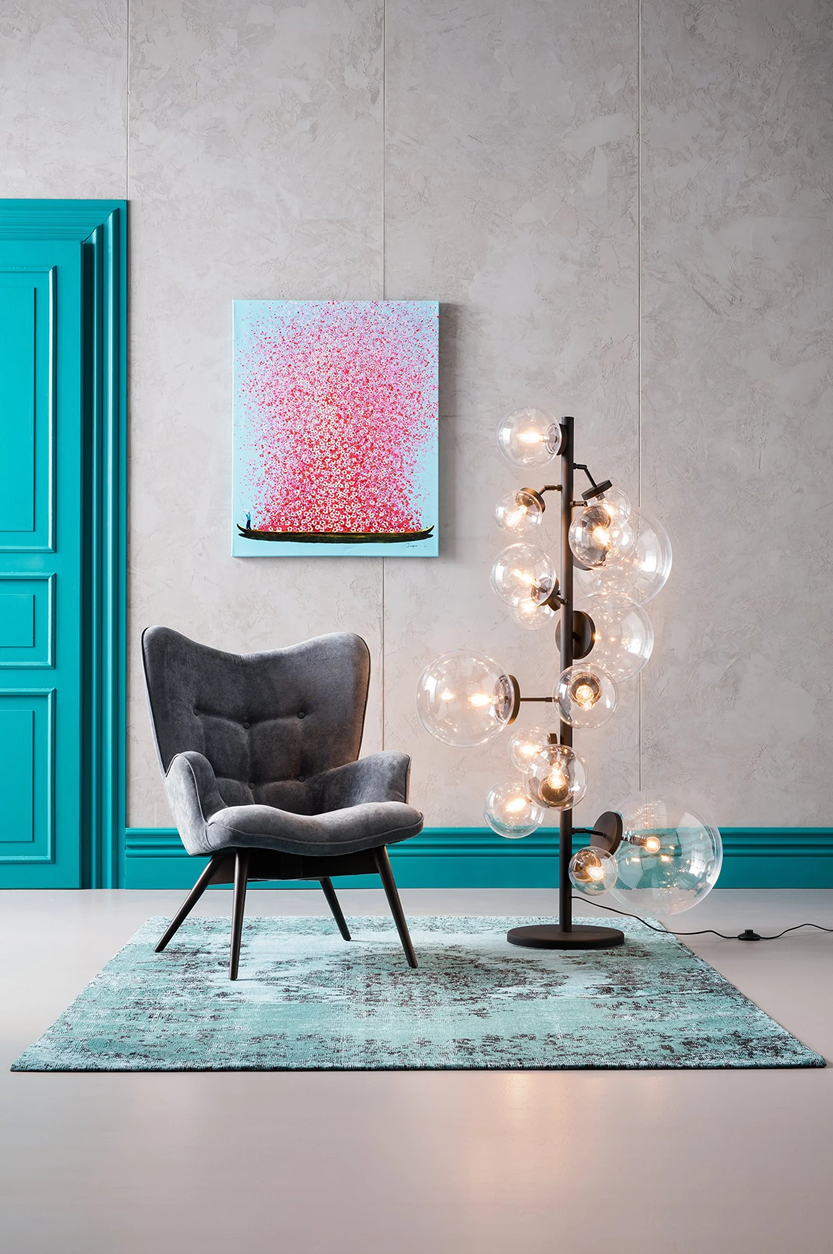 Kare Design Tableau Touched Flower Boat 100x180cm bleu rose peint à la main acrylique toile décoration murale